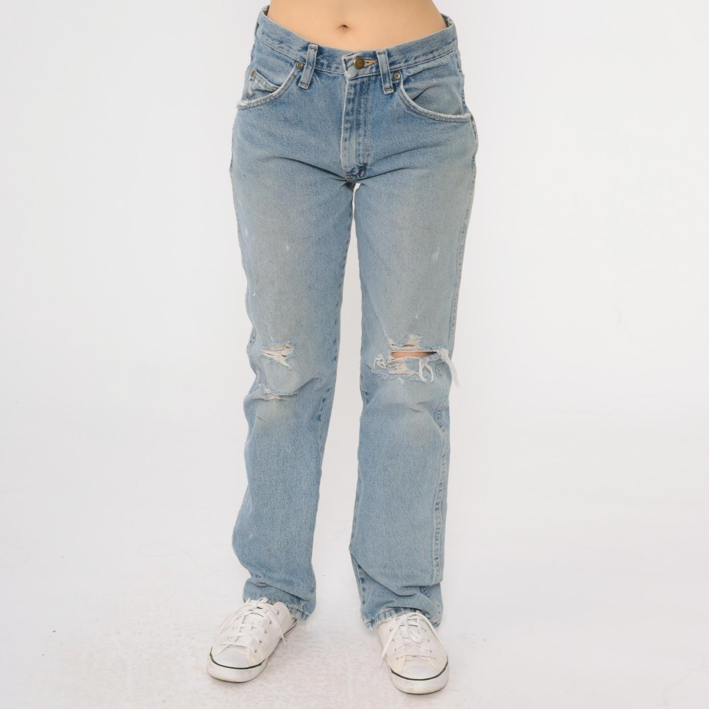00s Wrangler Straight Leg High Rise Jeans Faded Blue Ripped 29x32