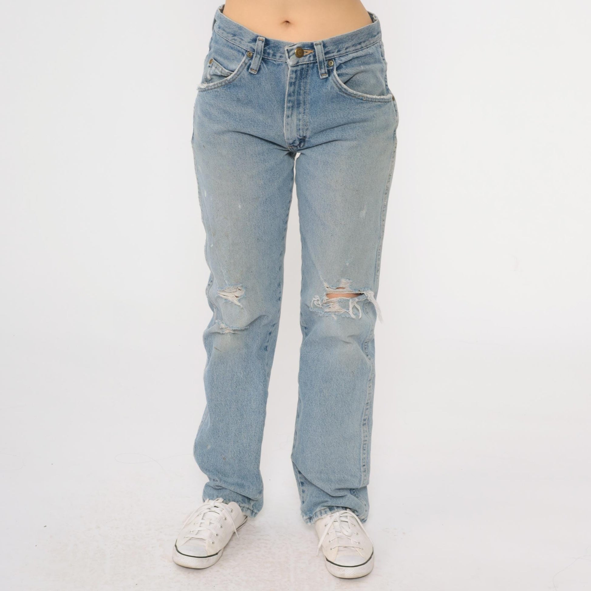 00s Wrangler Straight Leg High Rise Jeans Faded Blue Ripped 29x32
