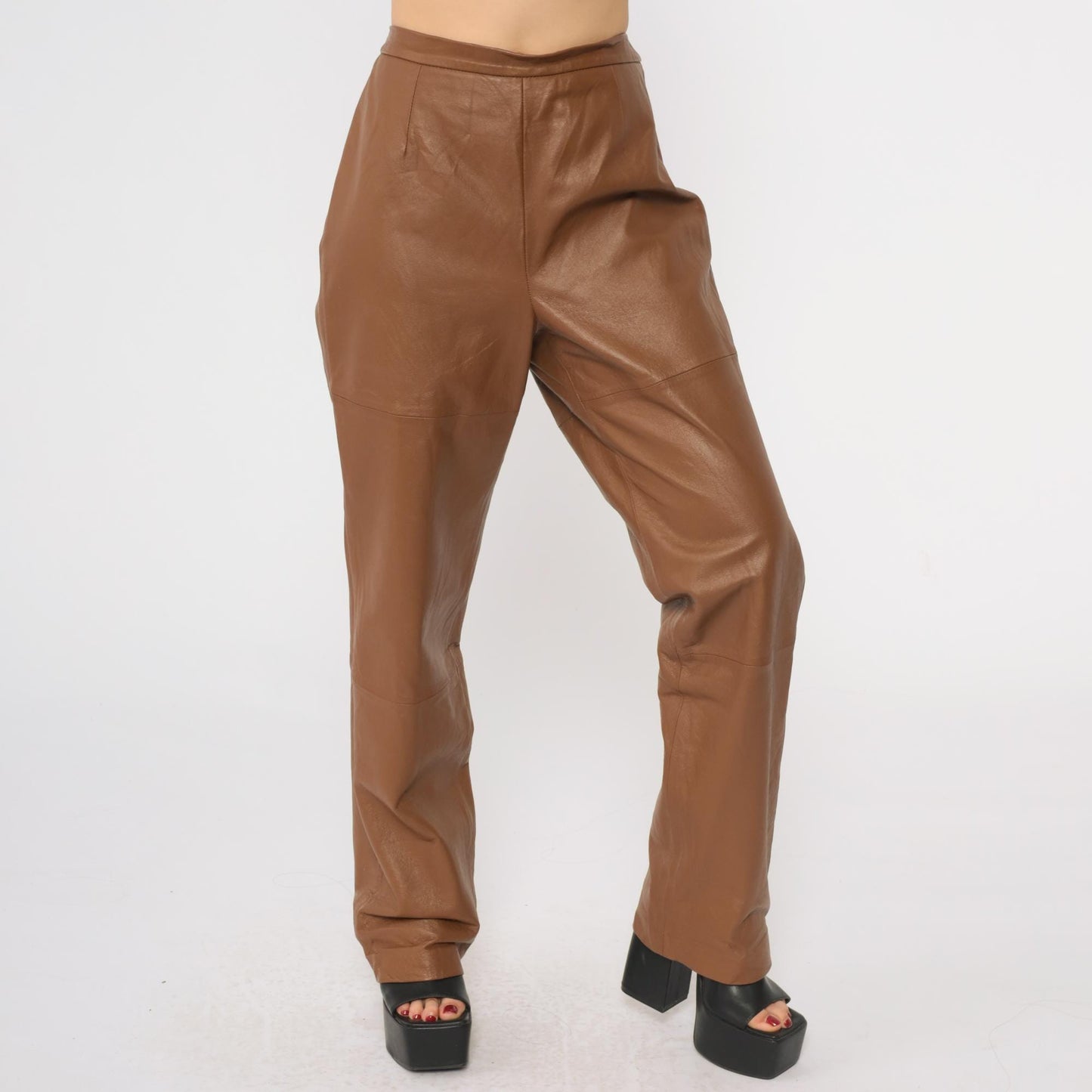 90s Terry Lewis Brown Leather Pants High Waist Straight Leg Medium