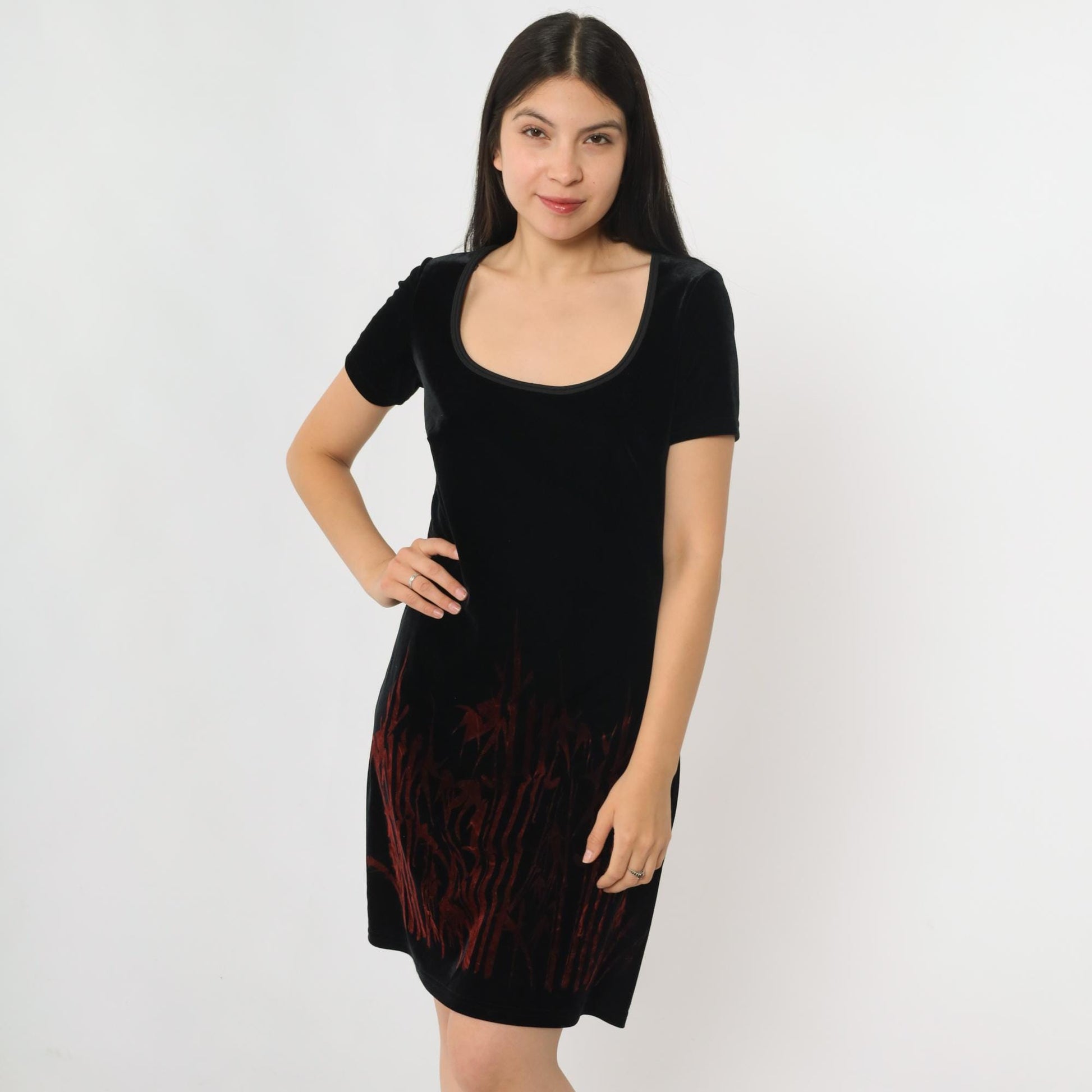 90s Groove USA Black Velvet Mini Dress Bamboo Print Scoop Neck Medium M