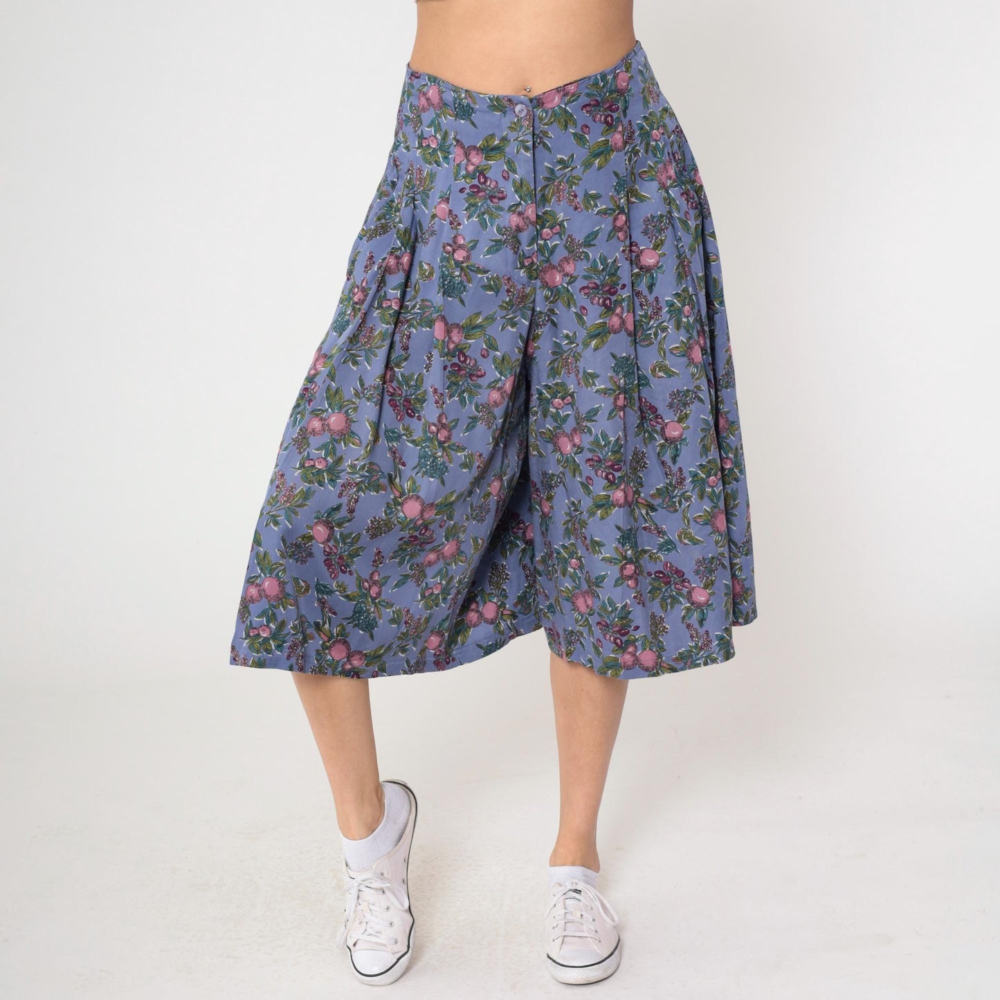 90s Cambridge Dry Goods Culotte Pants Purple Fruit Print High Waist Pleated Medium