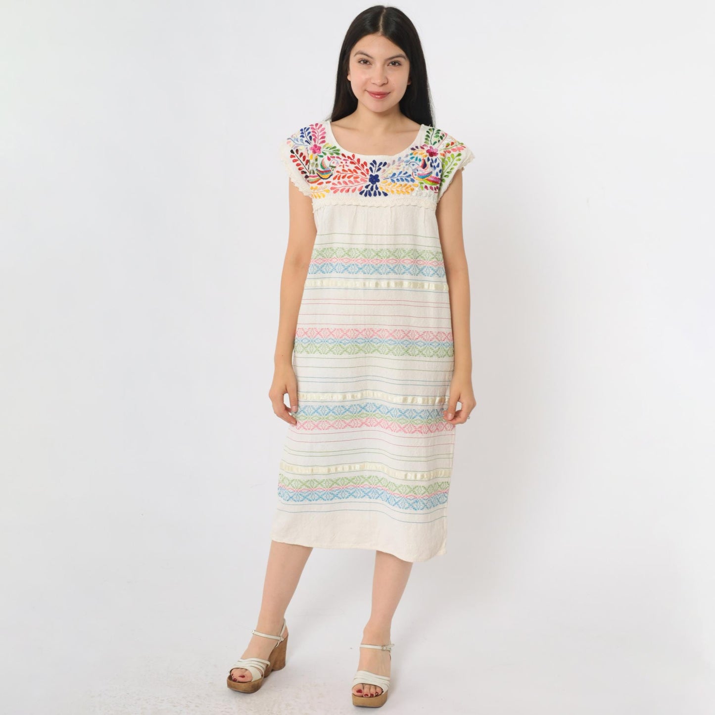 90s Mexican Embroidered Cotton Midi Dress Off-White Floral Bird Small S