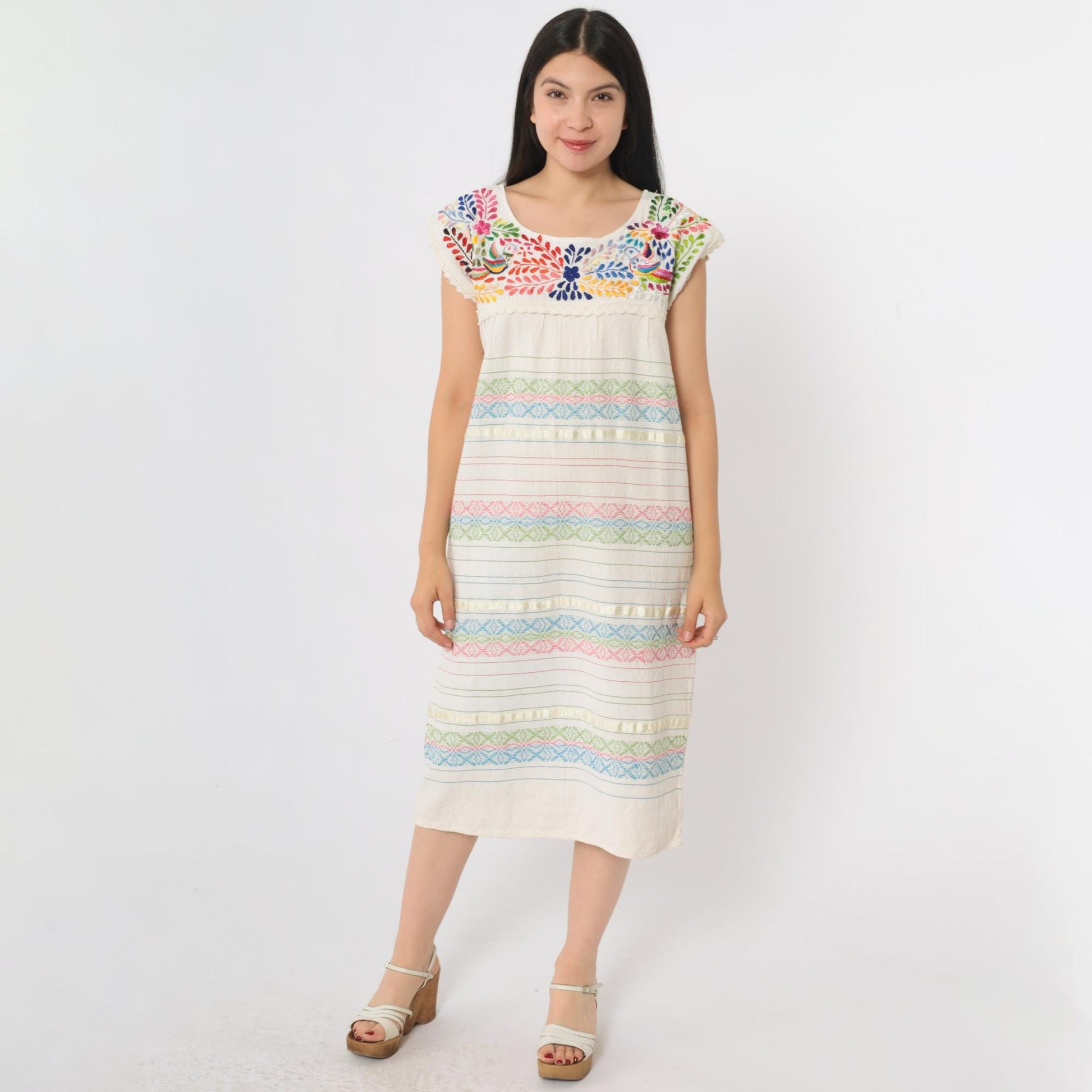 90s Mexican Embroidered Cotton Midi Dress Off-White Floral Bird Small S