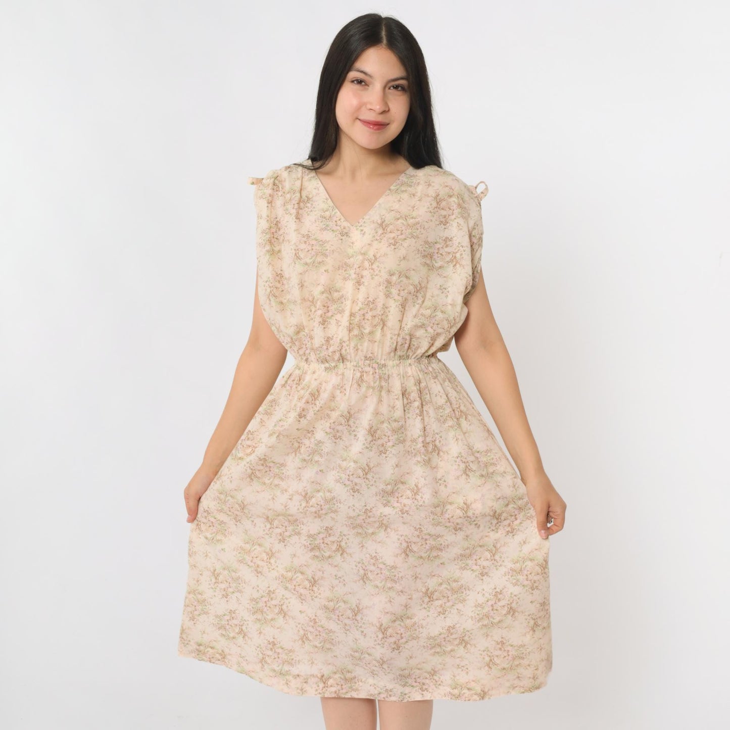 70s Floral Midi Dress Cream High Waist Cap Sleeve V Neck Small S