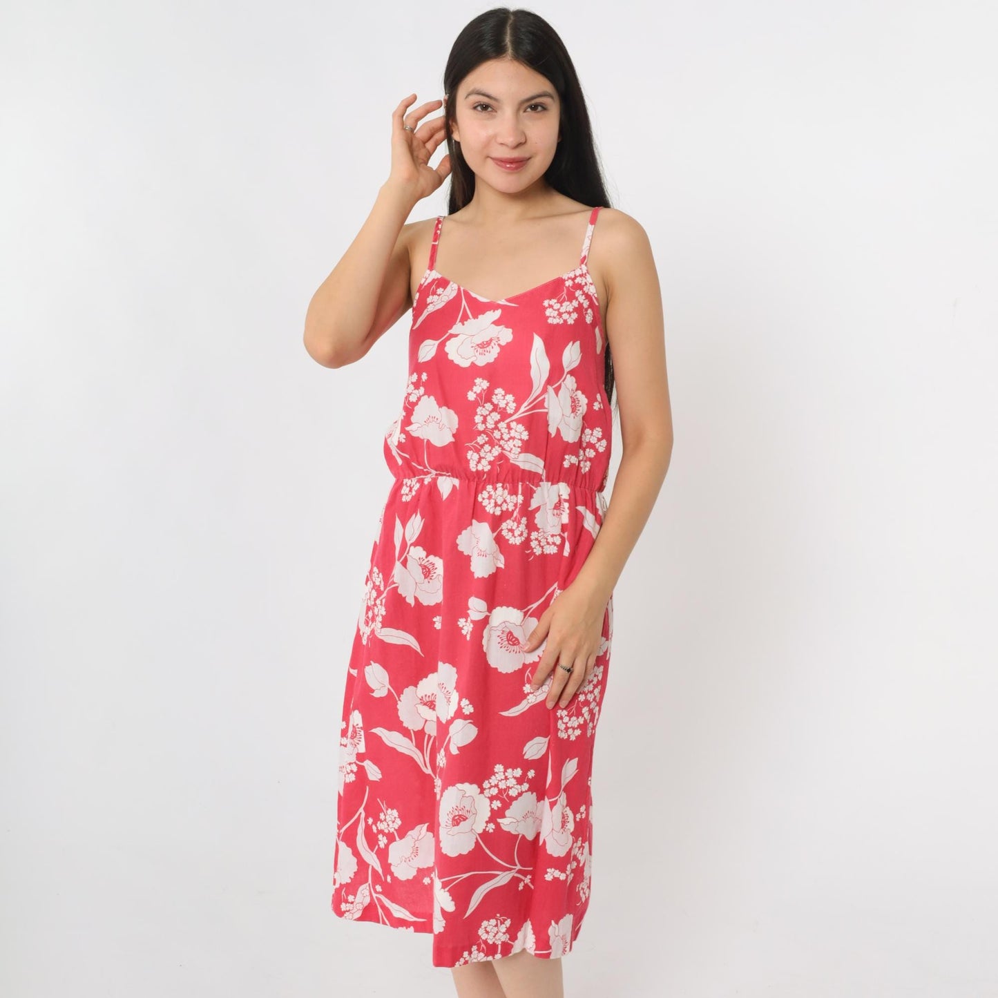 80s Pink Floral Midi Sundress High Waist Sweetheart Neckline Spaghetti Strap Small