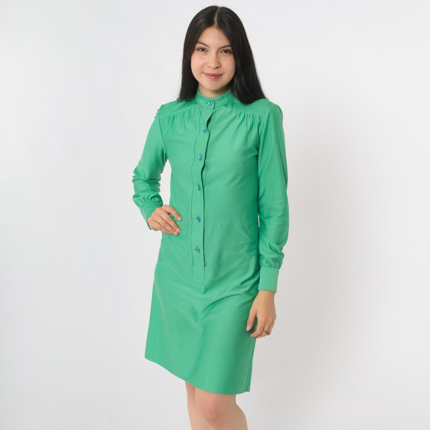 70s Green Mini Shift Dress Button-Up Long Sleeve High Neck Extra Small