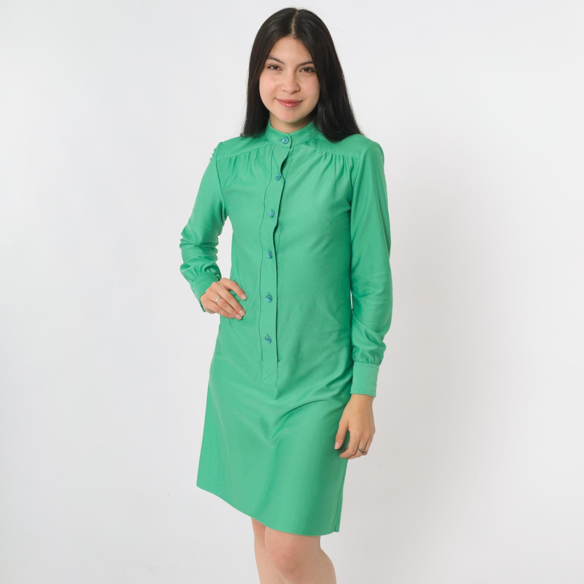 70s Green Mini Shift Dress Button-Up Long Sleeve High Neck Extra Small