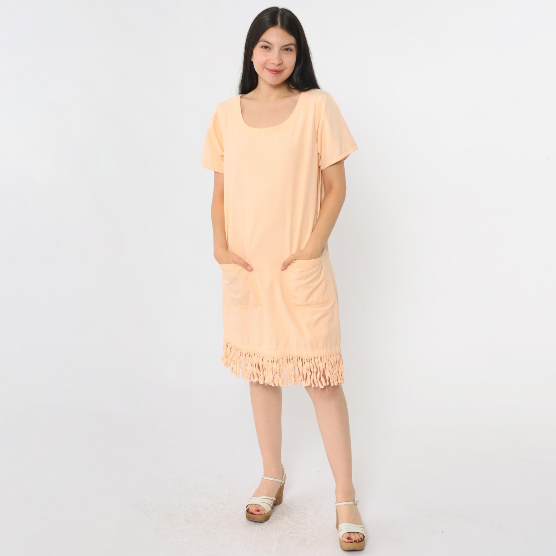 90s Peach Fringe Mini Shift Dress Cotton Short Sleeve Pockets Small S