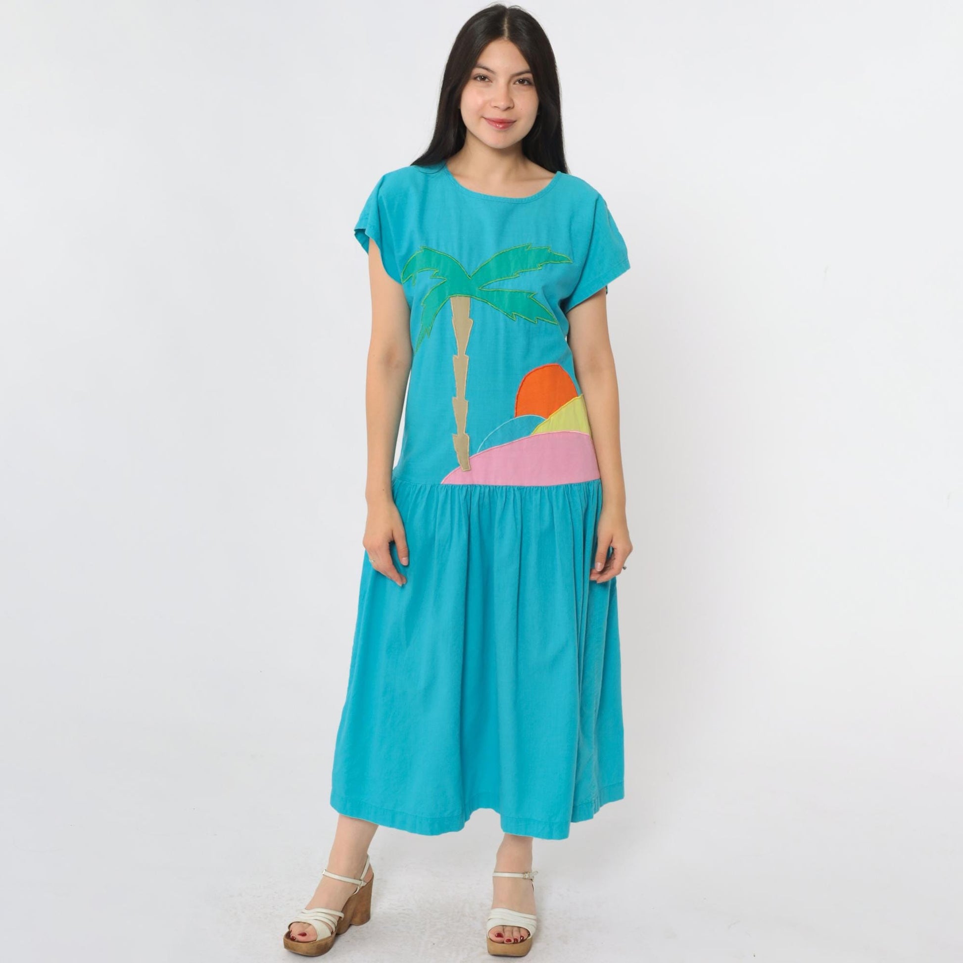 80s Turquoise Tropical Palm Tree Midi Dress Keyhole Back Drop Waist Small