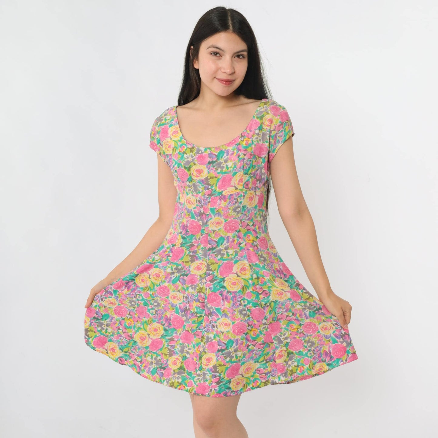90s Paris Blues Floral Mini Dress Empire Waist Fit Flare Pink Blue Small