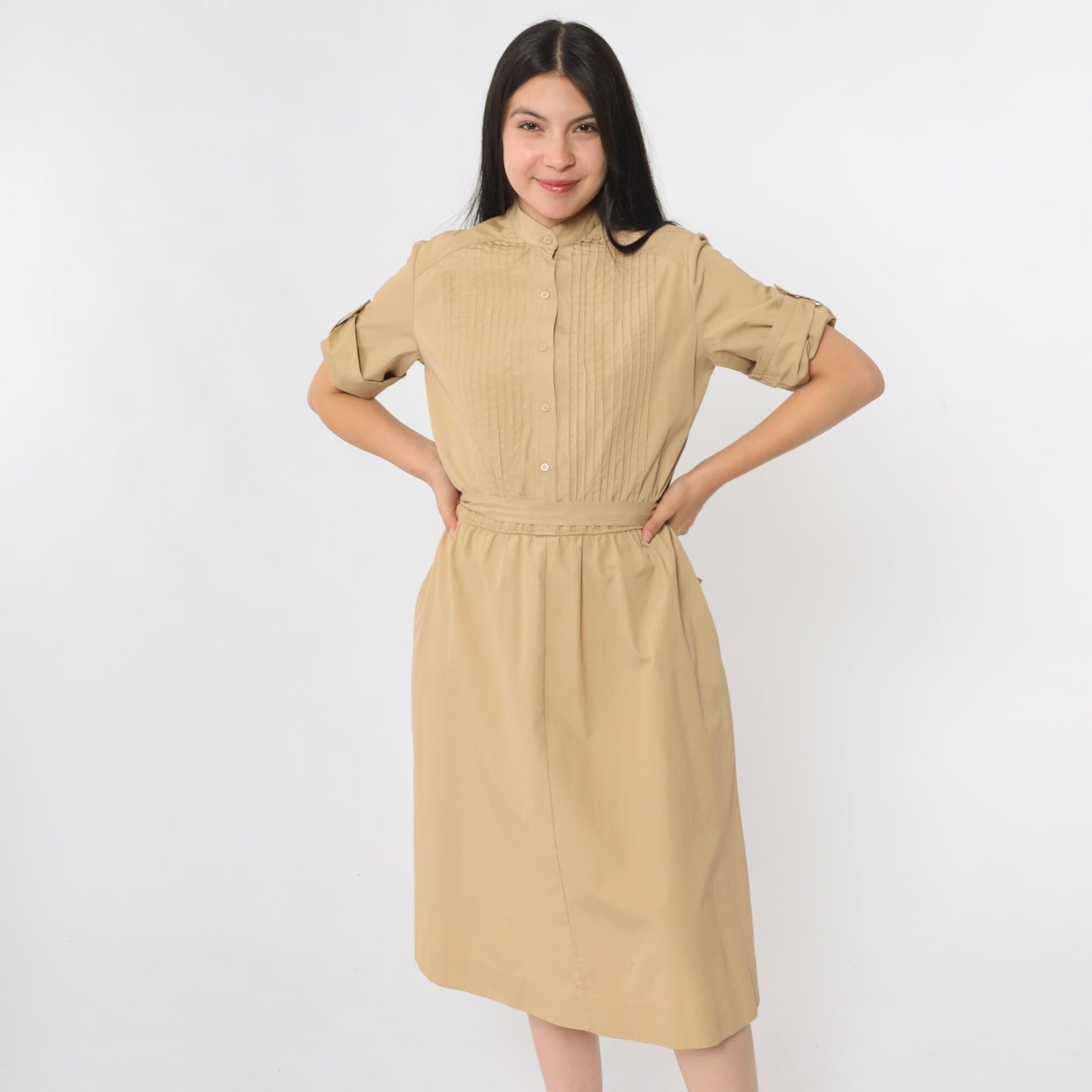 80s Tan Utility Shirtdress Midi Pintuck High Waist Button Up Medium