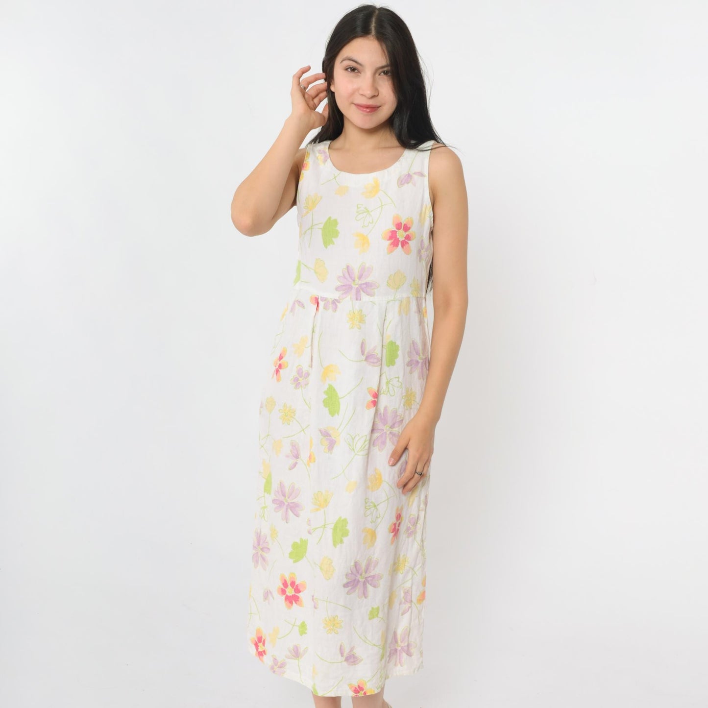 90s White Floral Linen Midi Dress Sleeveless High Waist Small 4