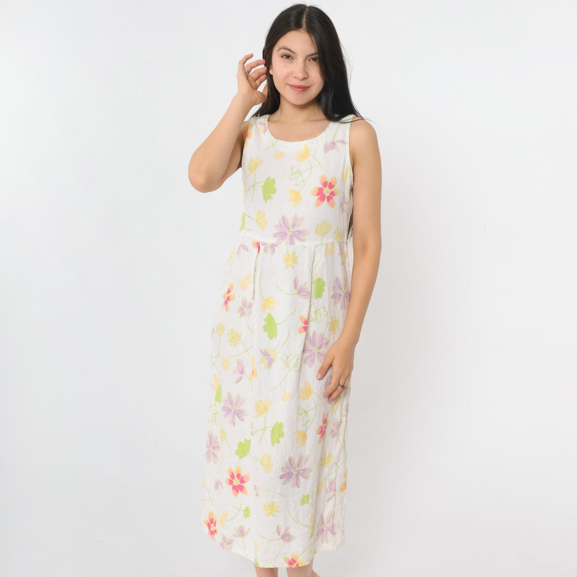 90s White Floral Linen Midi Dress Sleeveless High Waist Small 4