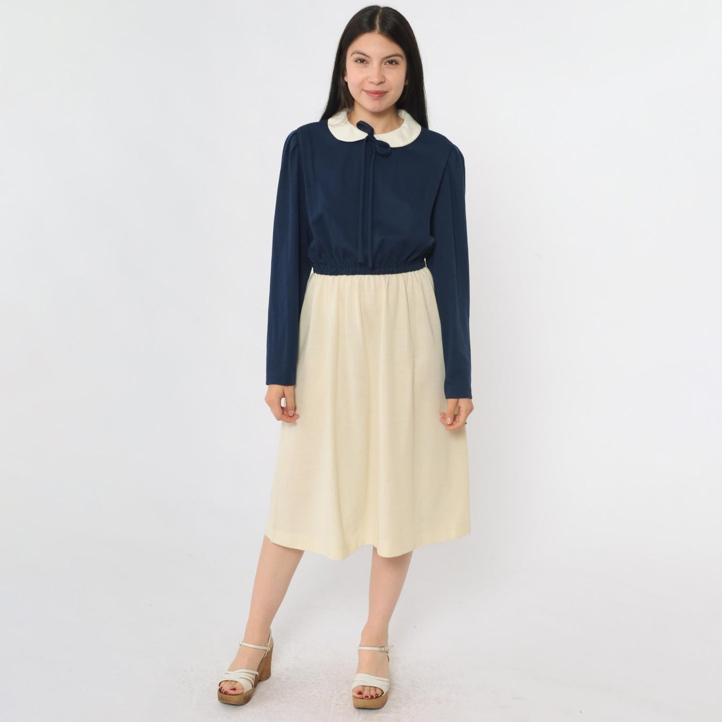 70s Checkaberry Two-Tone Midi Dress Peter Pan Collar Puff Sleeve Navy Cream Medium Large