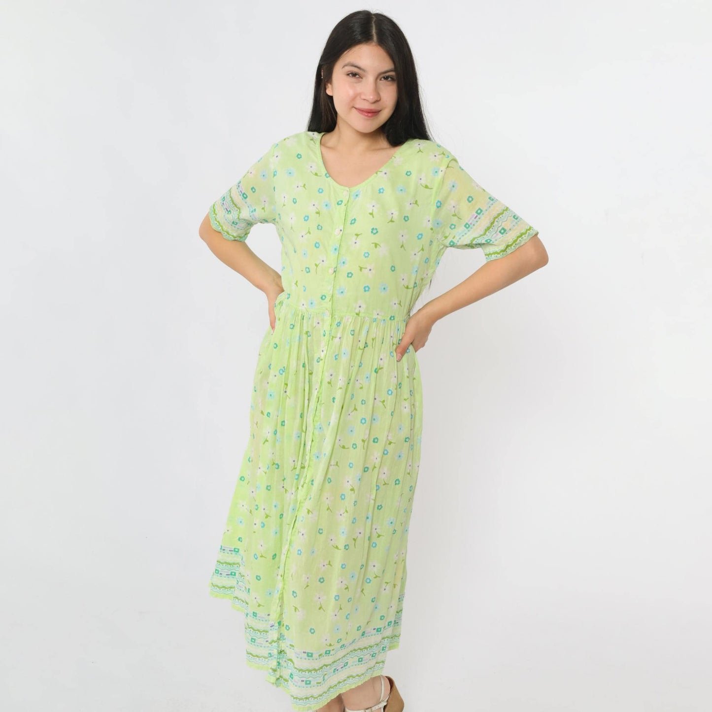 90s La Cera Lime Green Floral Midi Dress Cotton Button-Up High Waist Large