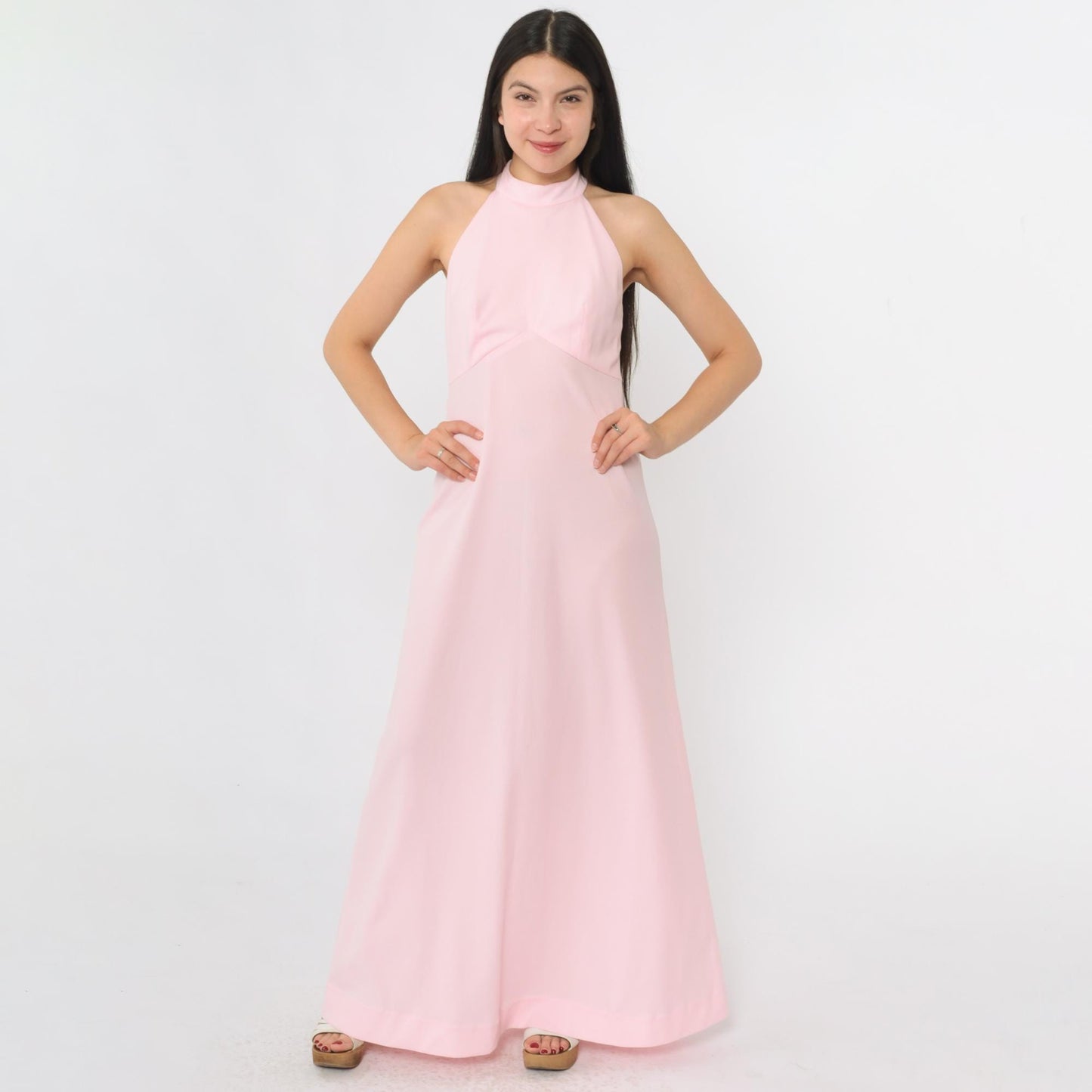 70s Pink Halter Maxi Dress Racerback Empire Waist XS