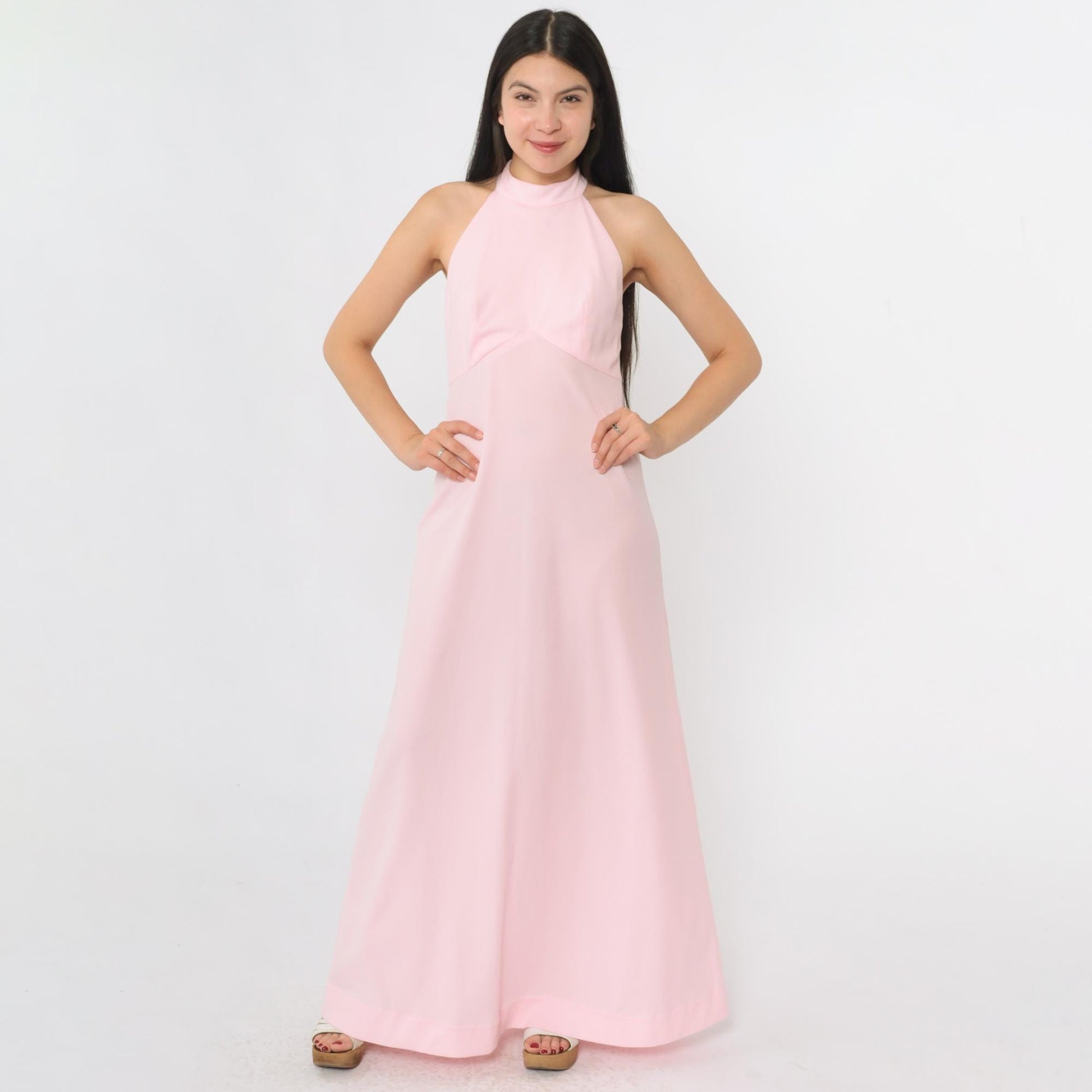 70s Pink Halter Maxi Dress Racerback Empire Waist XS