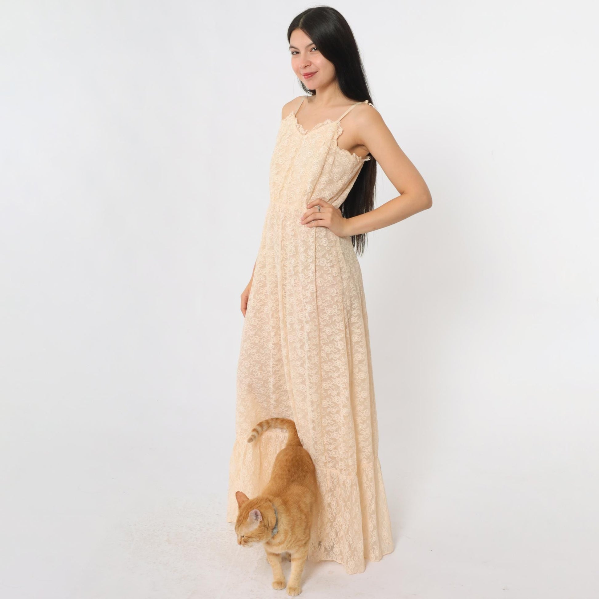 70s Peach Lace Maxi Dress Sweetheart Neckline Spaghetti Strap Small