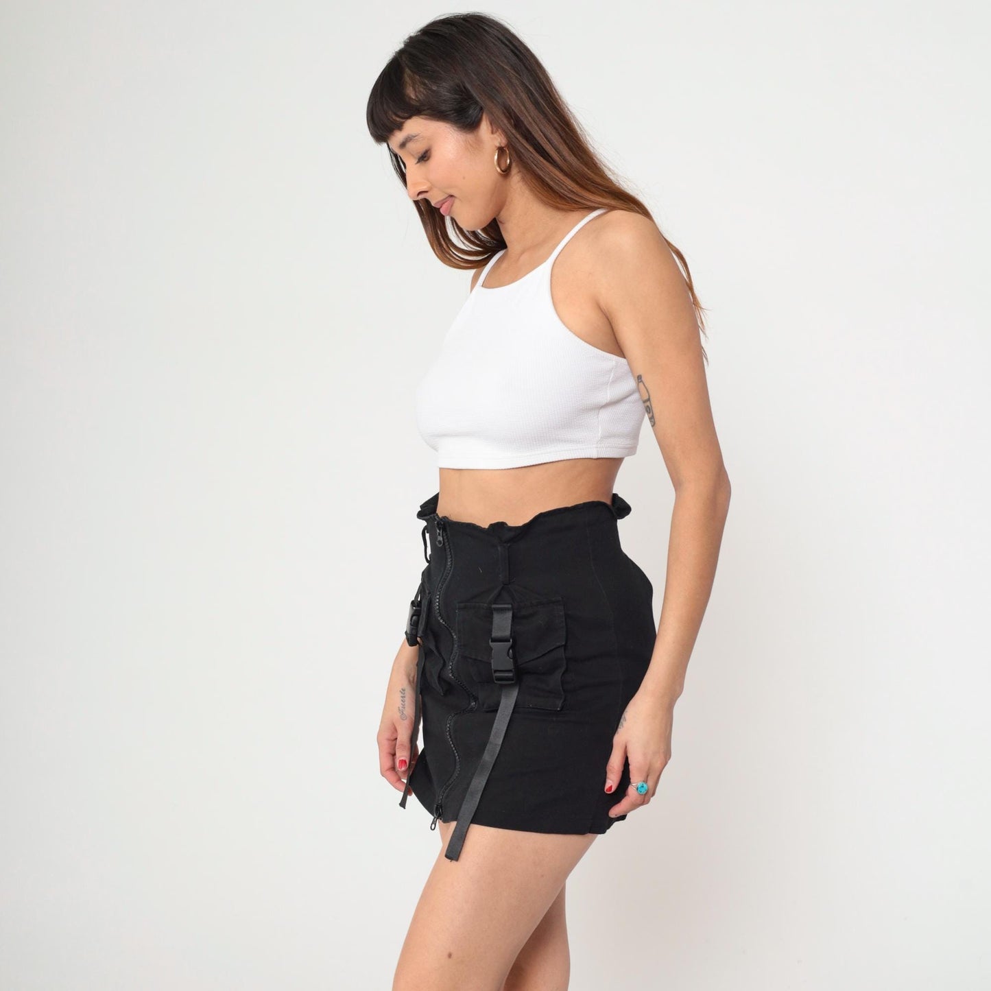Y2K Black Utility Mini Skirt Bodycon Buckle Straps Small S
