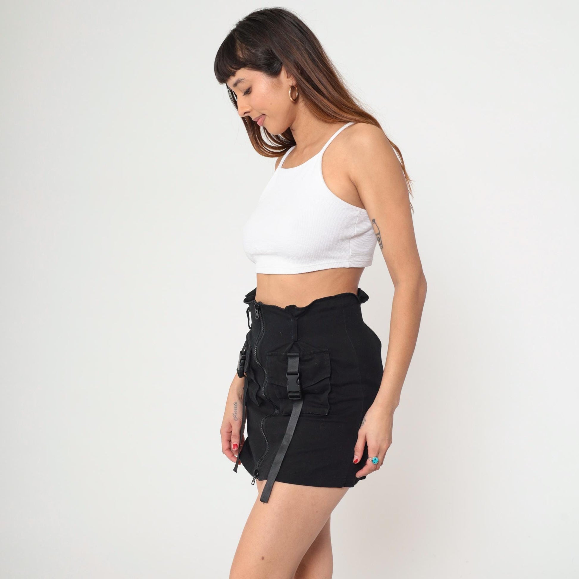 Y2K Black Utility Mini Skirt Bodycon Buckle Straps Small S