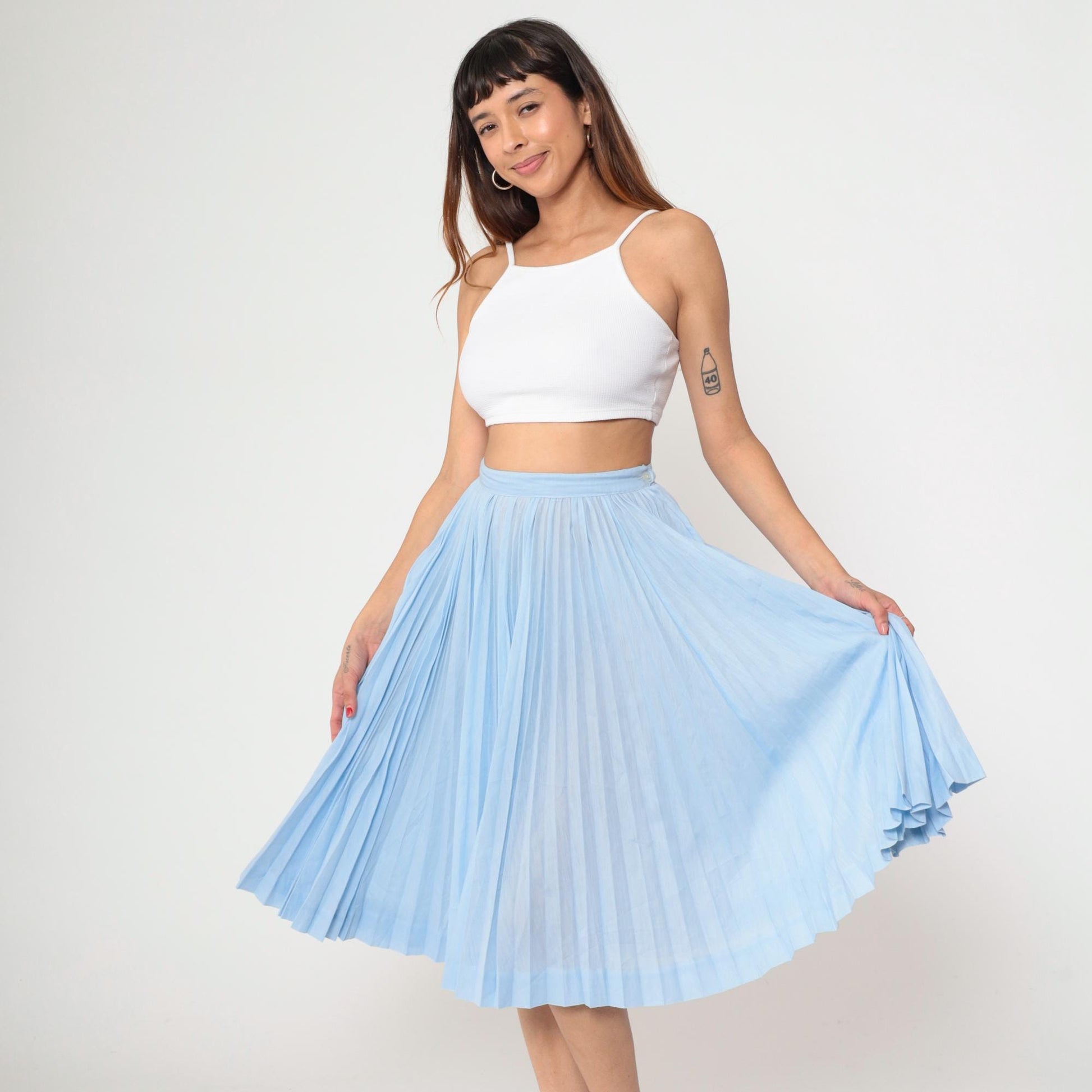 60s Light Blue Pleated High-Waist Midi Skirt Semi-Sheer Medium 8
