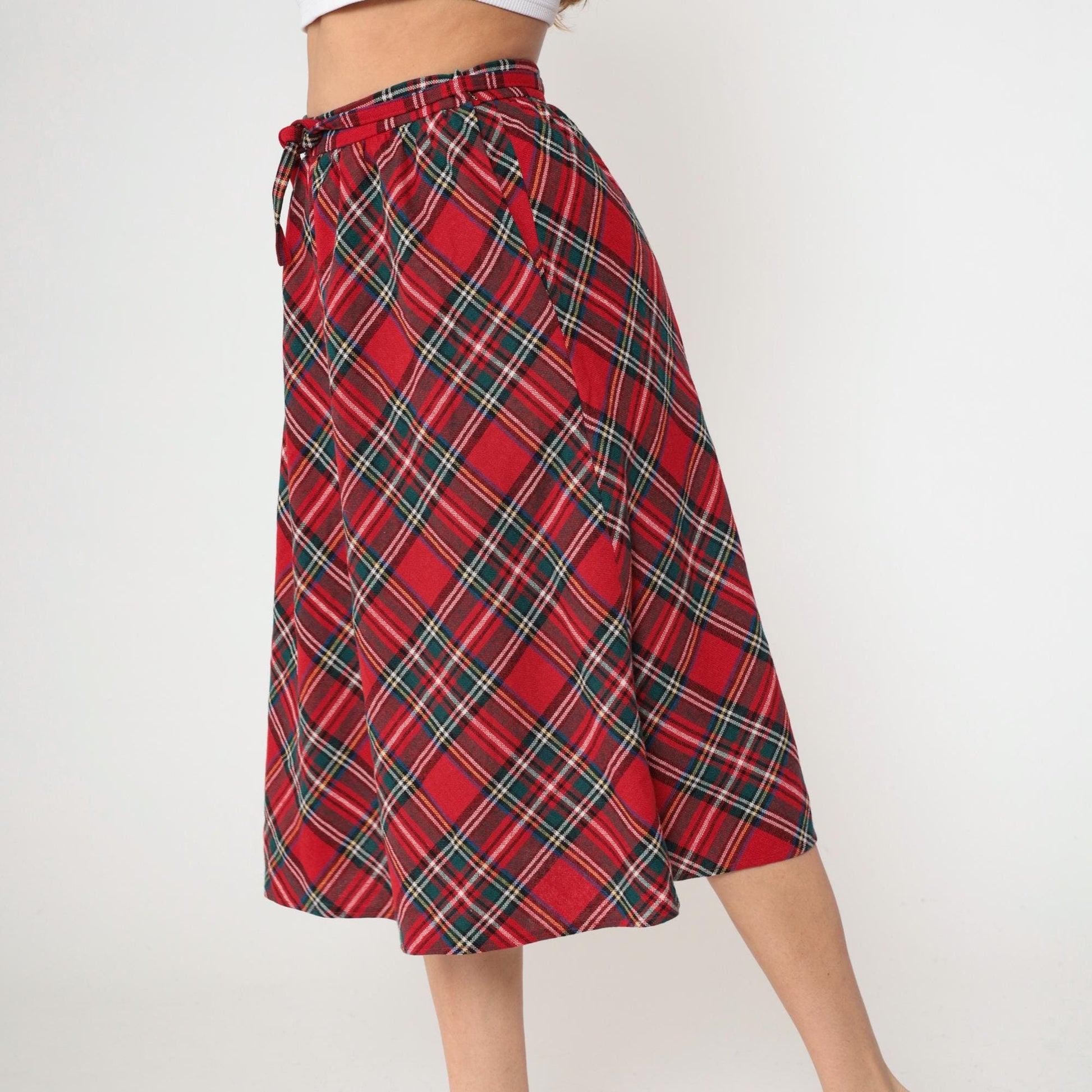 70s Red Plaid Wool Midi Skirt High Waisted A-Line Tartan Small