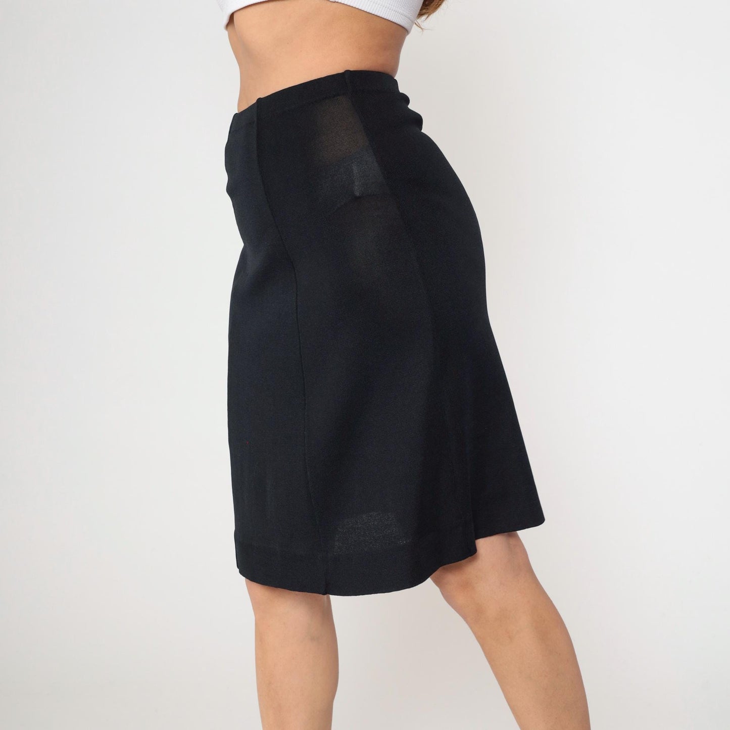 70s Black Knit Pencil Skirt High Waist Knee Length Extra Small