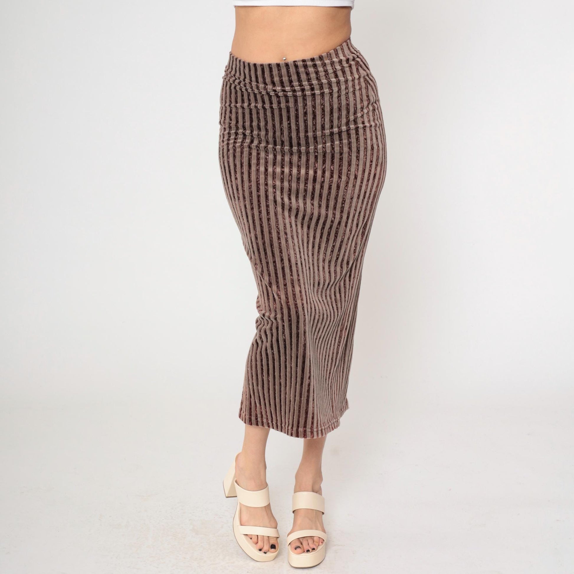 90s Brown Striped Velvet Midi Skirt High Waist Bodycon Pencil Medium
