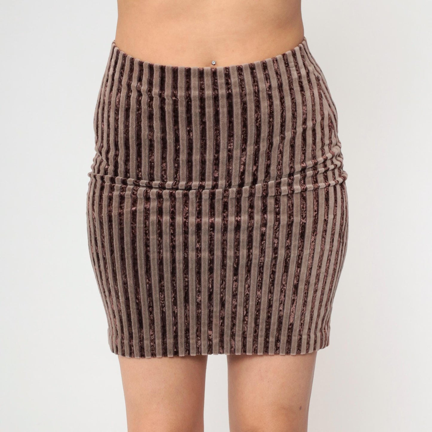 90s Brown Striped Velour Mini Skirt High Waist Bodycon Small