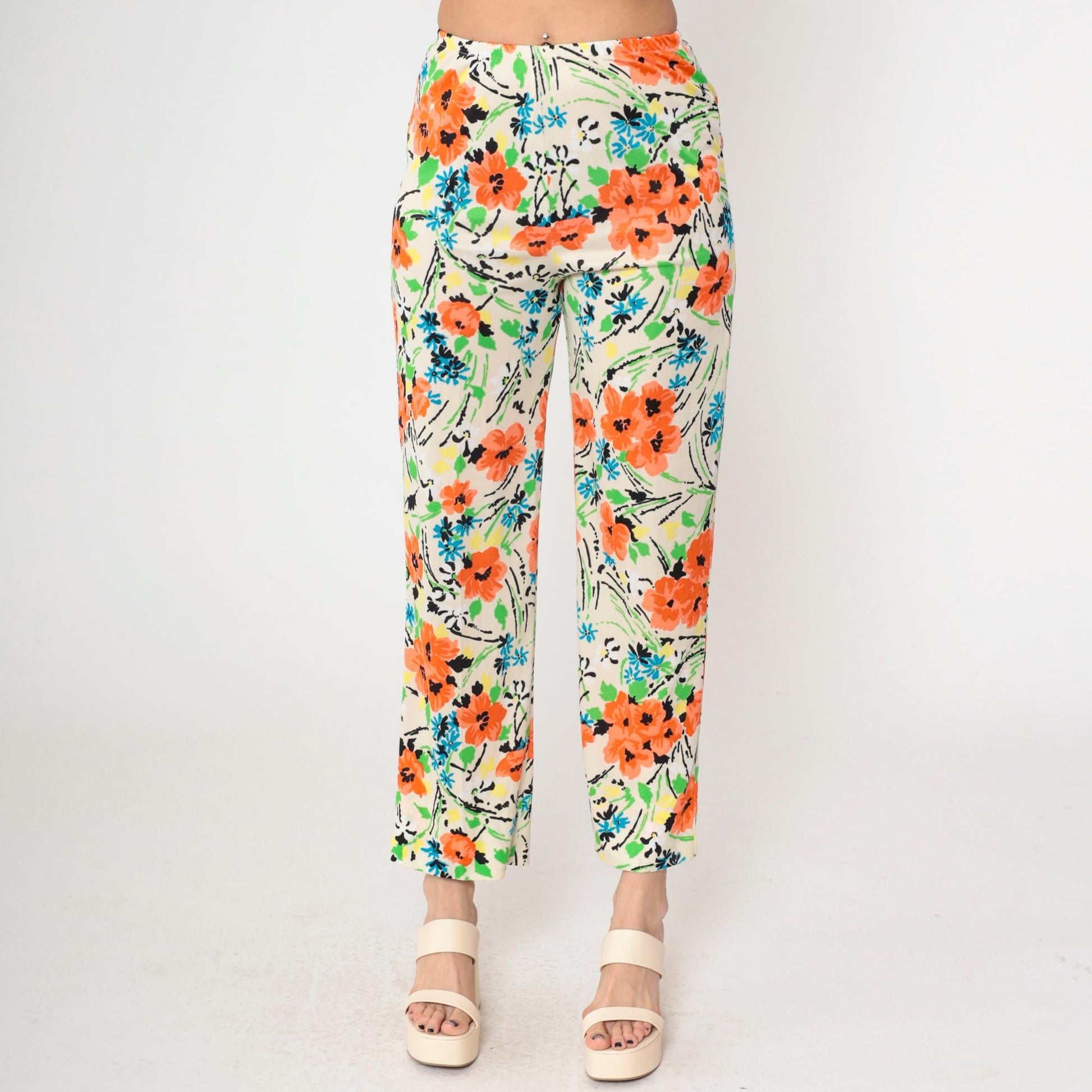70s Floral Straight Leg Pants Cream Orange High Waist Elastic Pull On XS