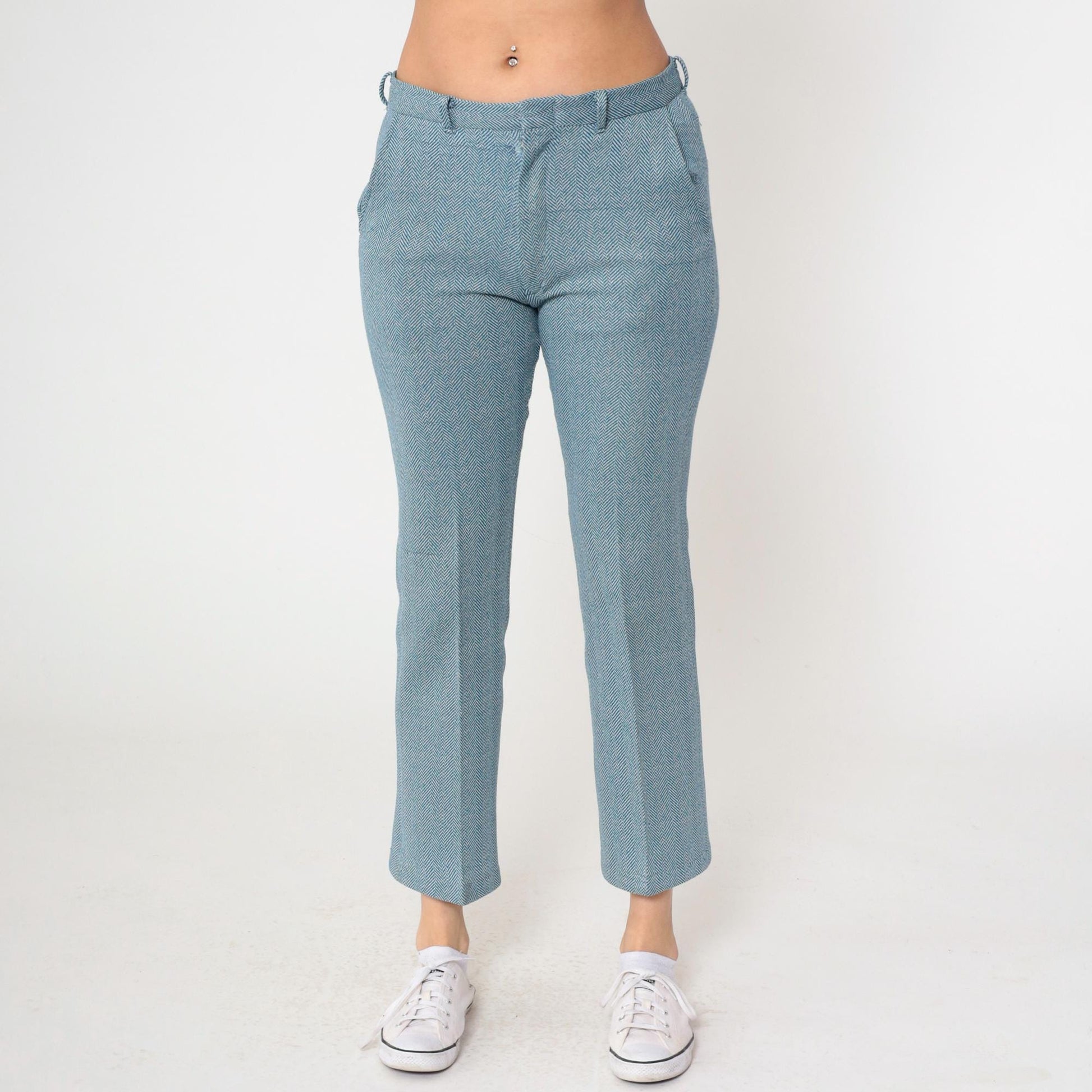 70s Blue Herringbone Bootcut Trousers Mid Rise Mod Small 6