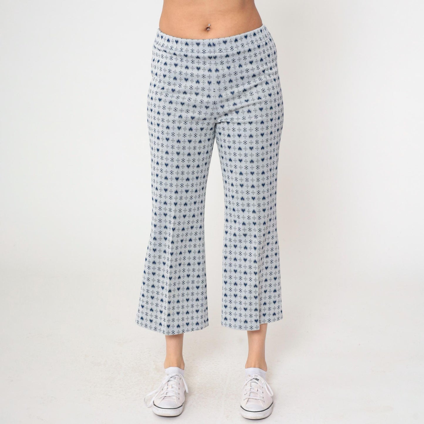 70s Heart Print Flared Trousers Grey Blue High Waisted Bell Bottoms Small