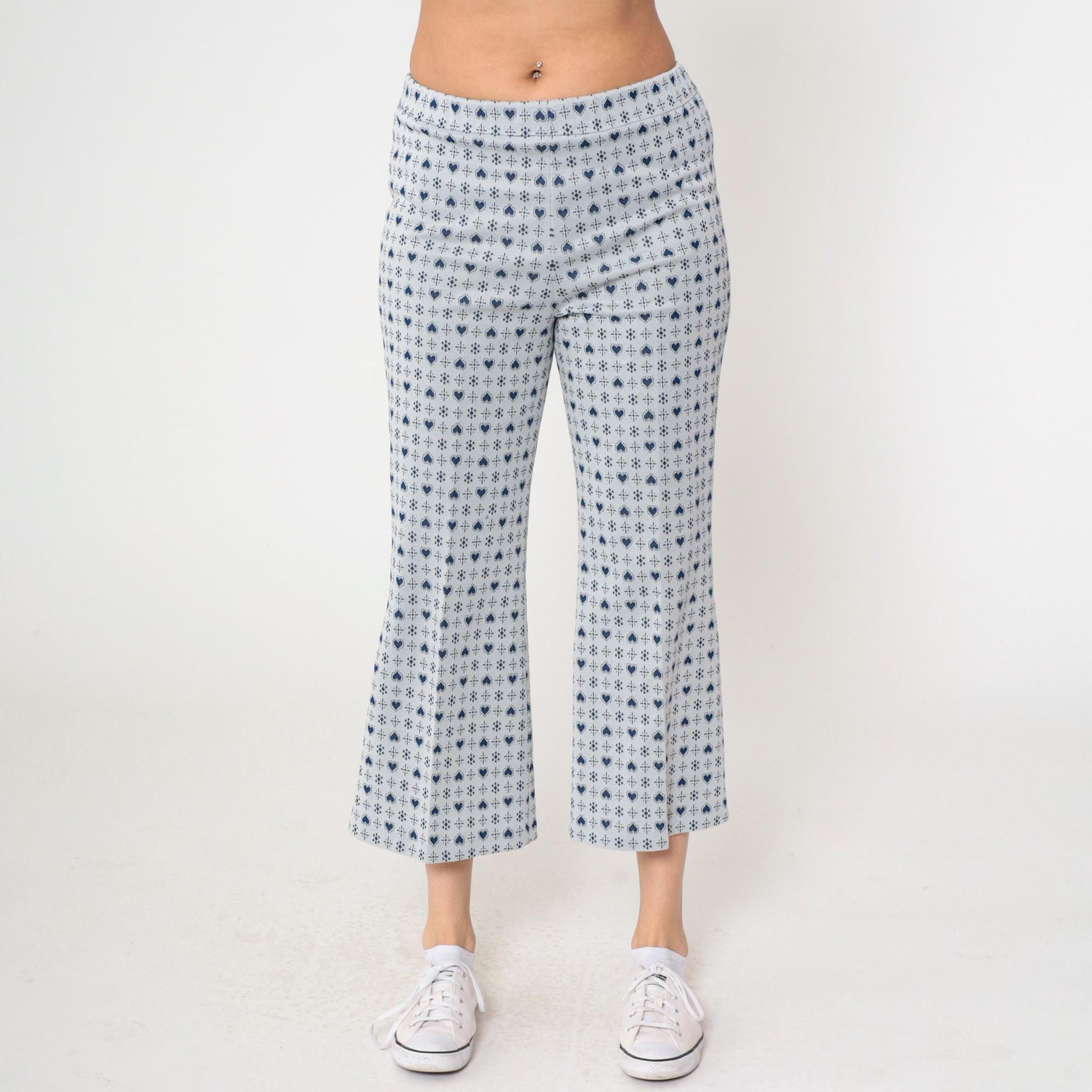 70s Heart Print Flared Trousers Grey Blue High Waisted Bell Bottoms Small