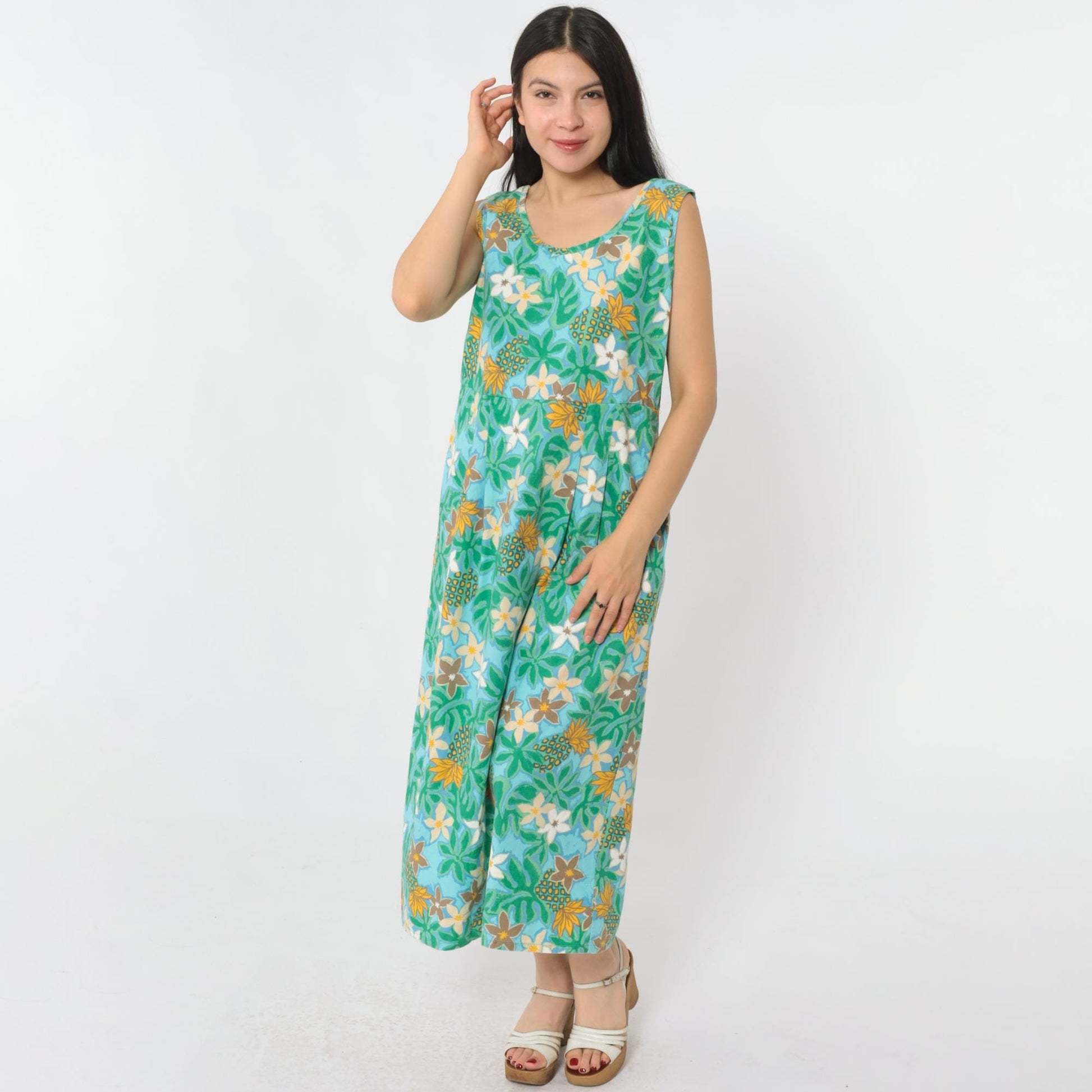 Y2K Ron Jon Surf Shop Hawaiian Floral Pineapple Midi Dress Cotton Green Medium