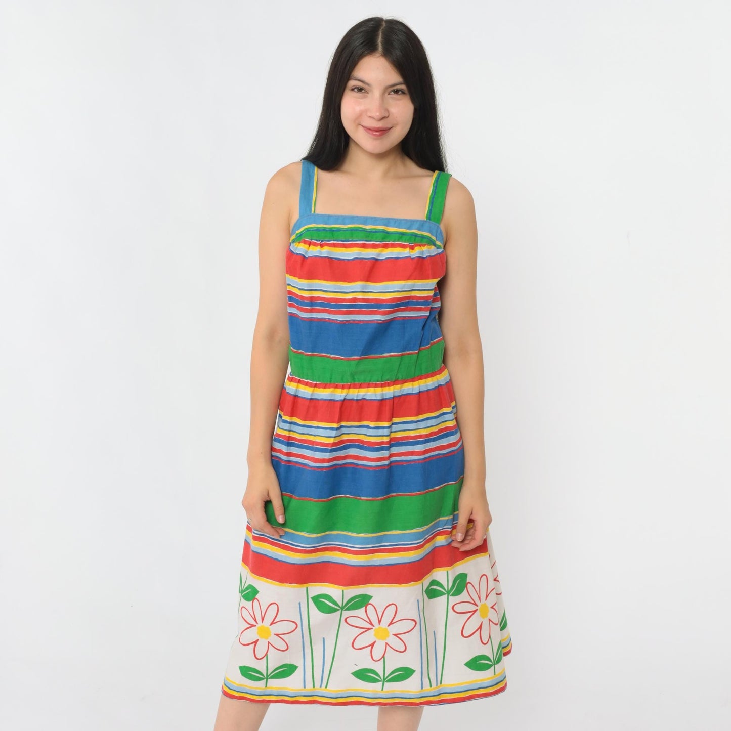 70s Striped Floral Midi Dress High Waist Smocked Back Sleeveless Small Medium