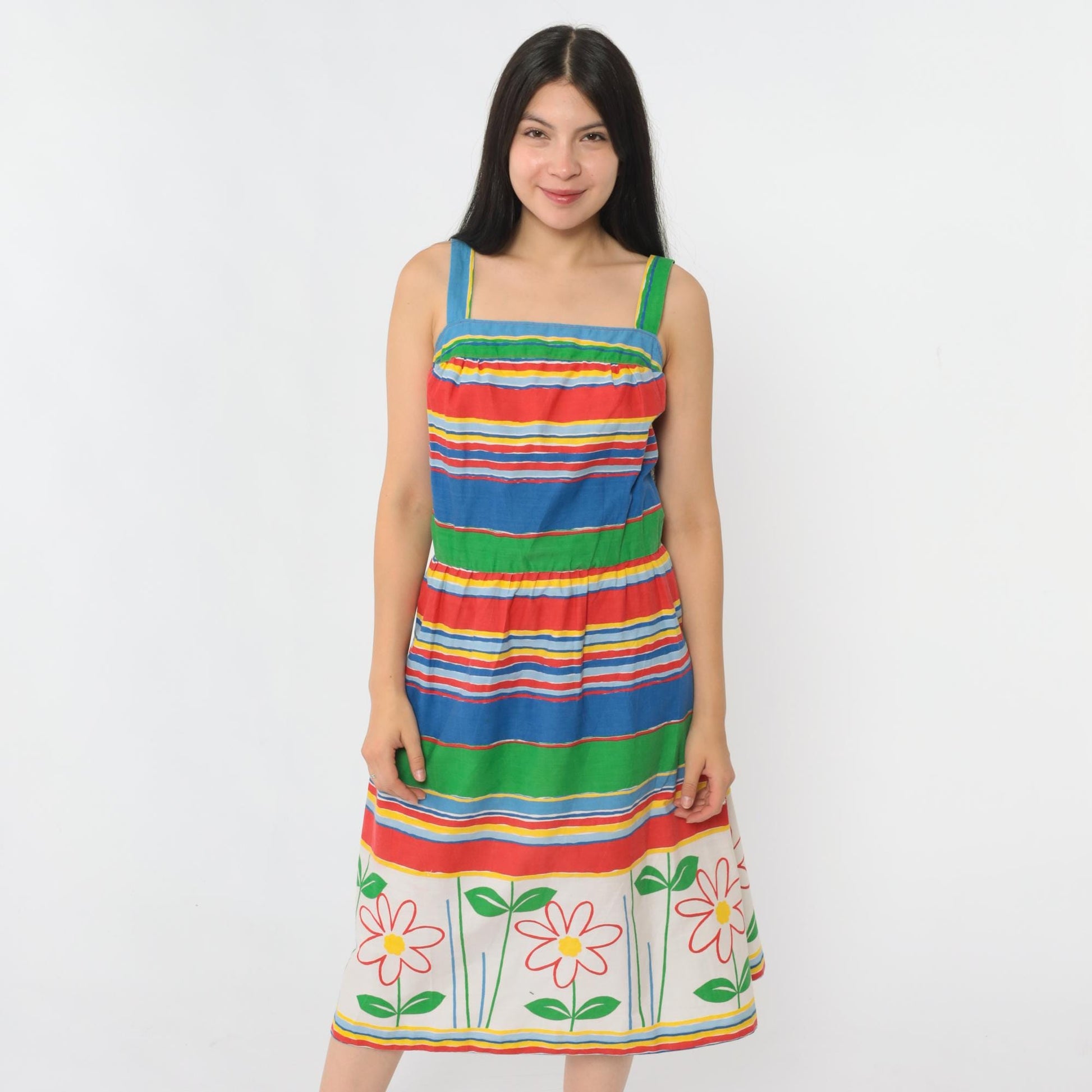 70s Striped Floral Midi Dress High Waist Smocked Back Sleeveless Small Medium
