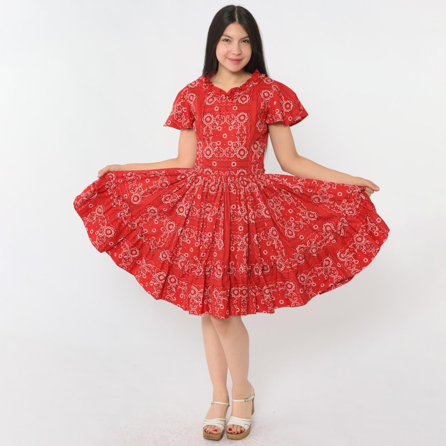 70s Red Handkerchief Print Square Dance Dress Flutter Sleeve Midi Small