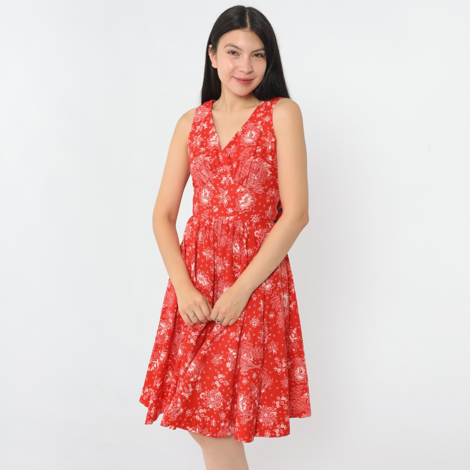 70s Red Floral Bird Print Sleeveless Dress High Waist V Neck Extra Small