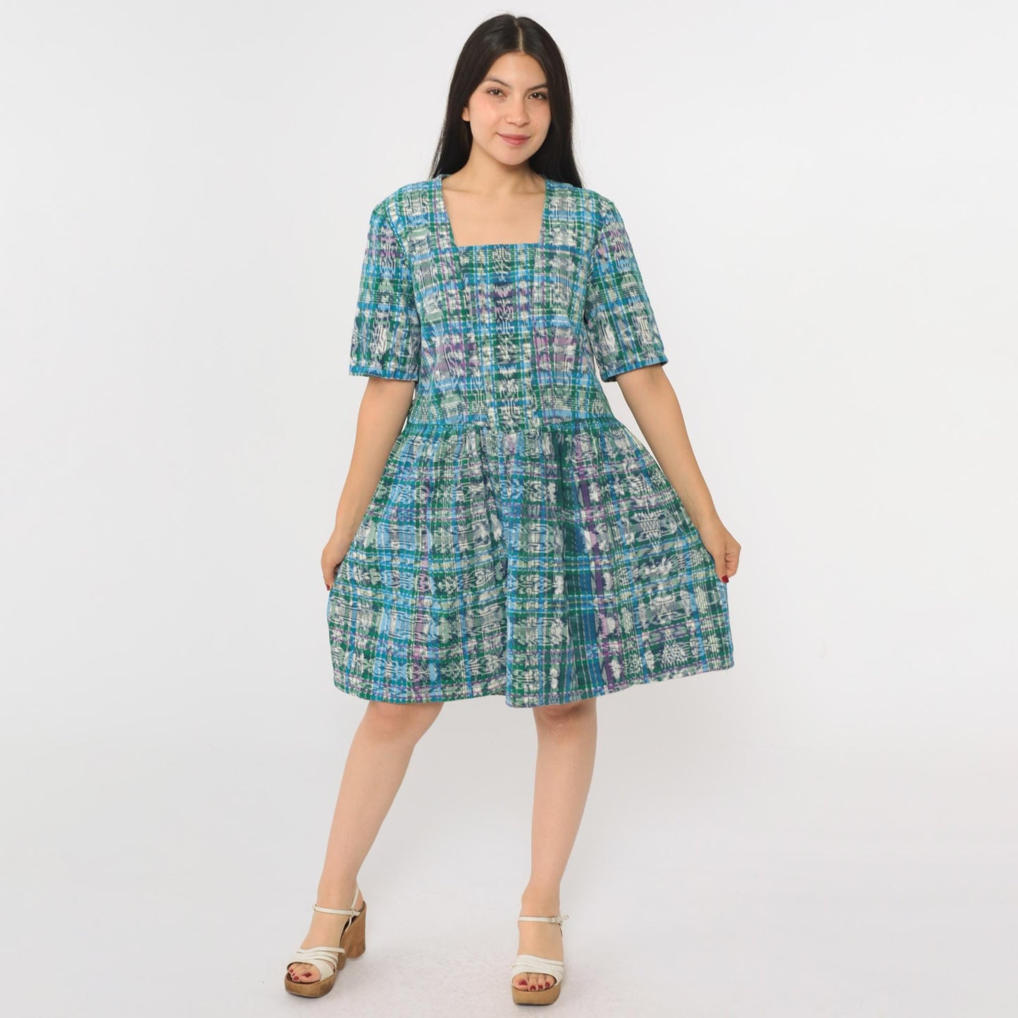 90s Checkered Ikat Mini Dress Green Blue High Waist Short Sleeve Small Medium