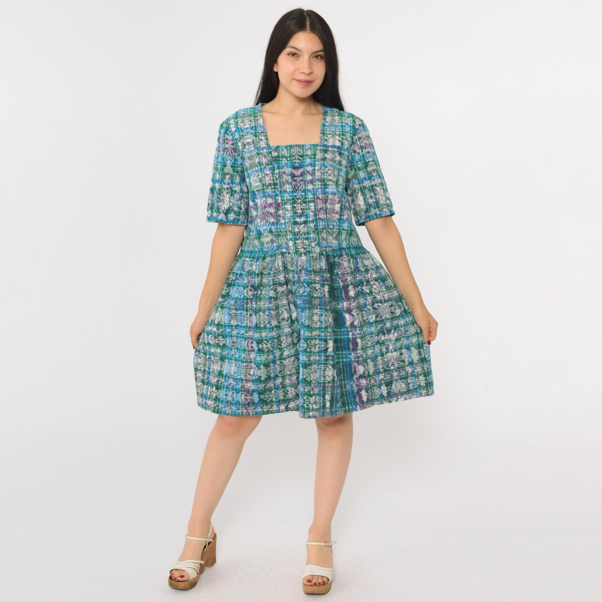 90s Checkered Ikat Mini Dress Green Blue High Waist Short Sleeve Small Medium