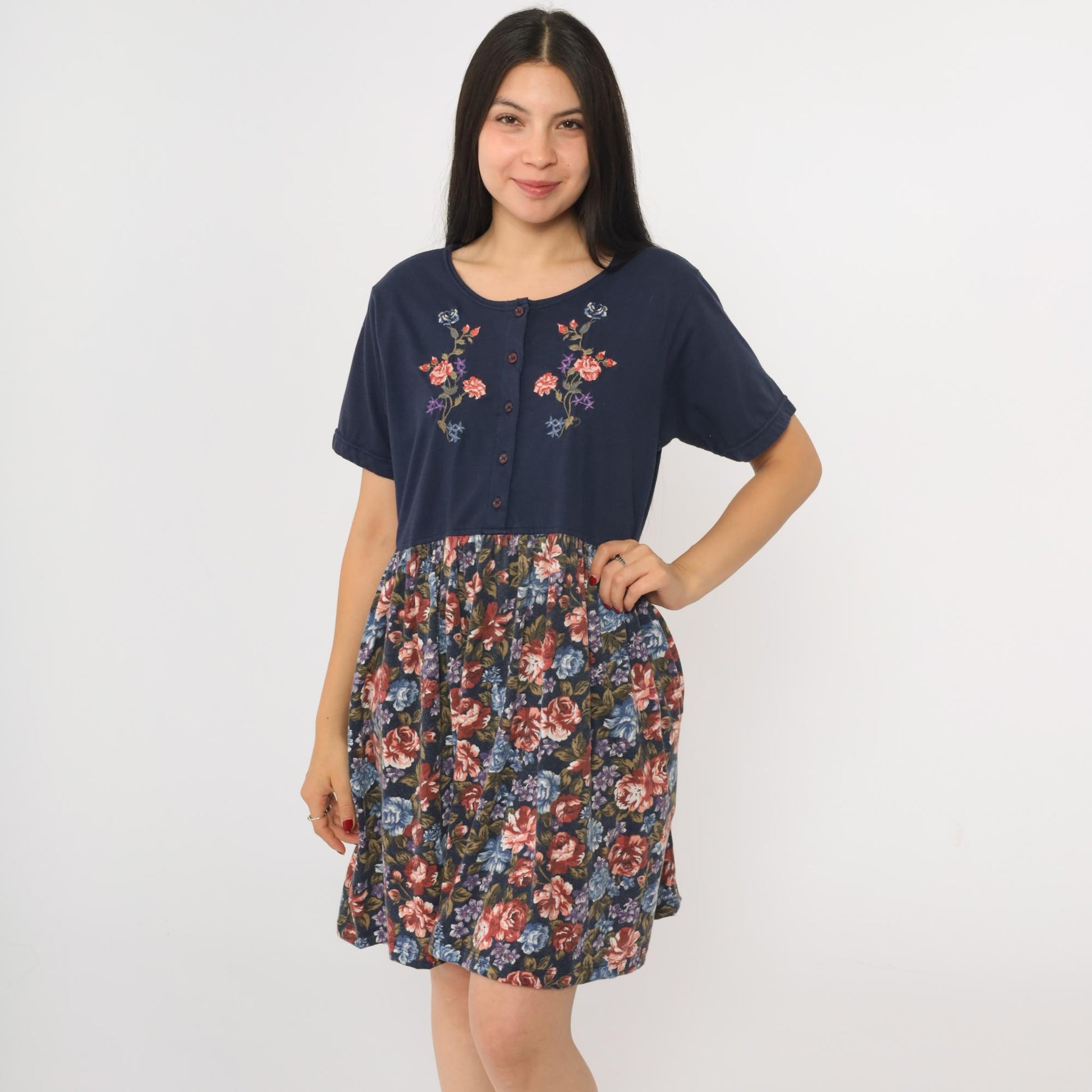 90s Sweetbriar Navy Floral Mini Dress Button Up Embroidered Medium M