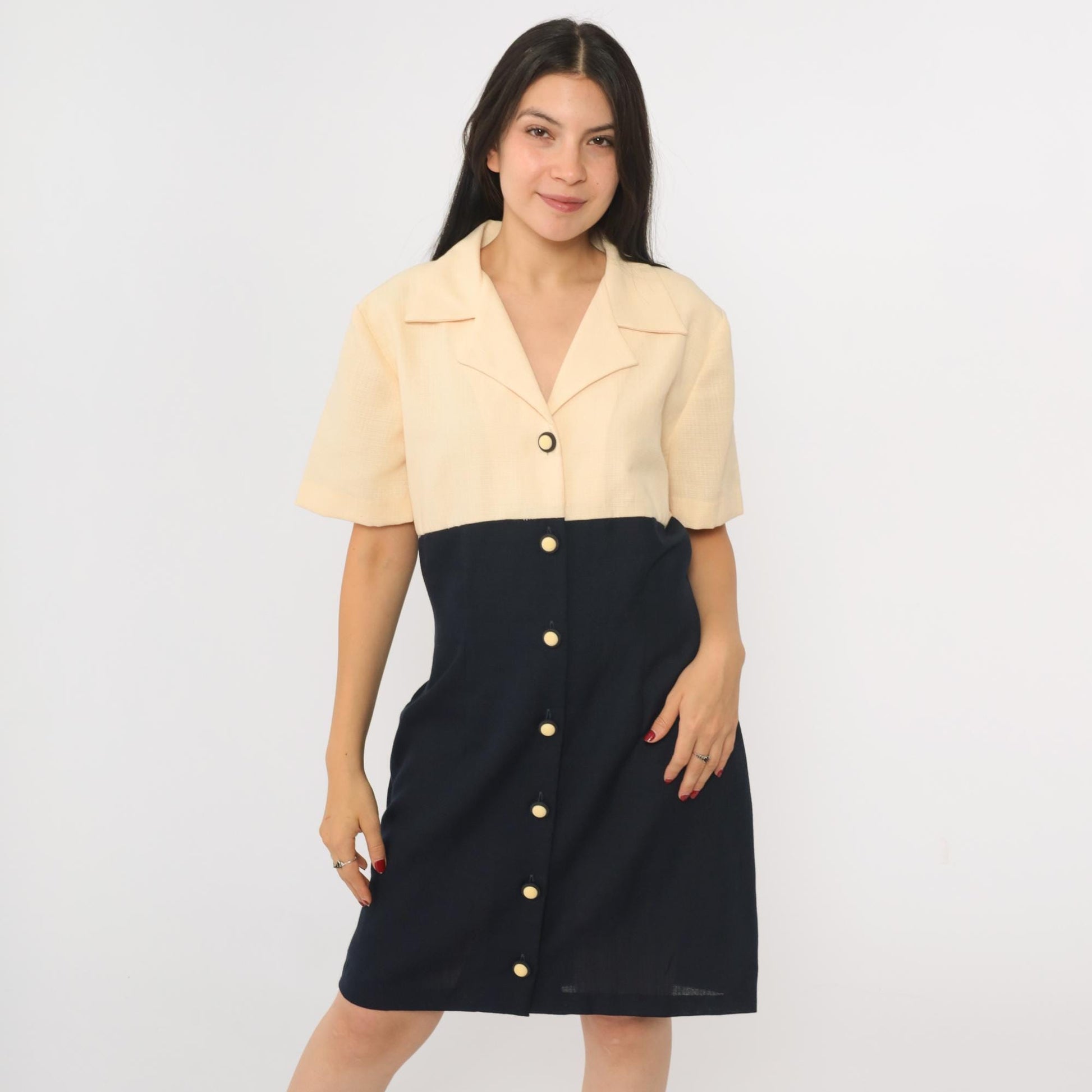 90s Two-Tone Mini Shirtdress Cream Black Empire Waist Button-Up Large