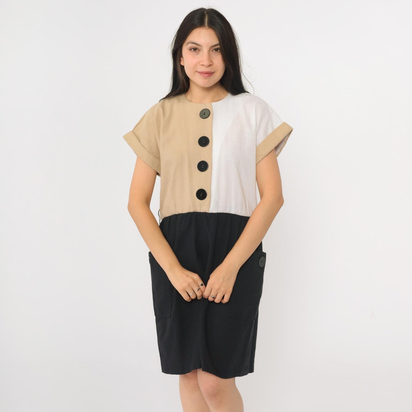80s Color Block Mini Dress Button-Up High Waist Black Tan White Medium 8