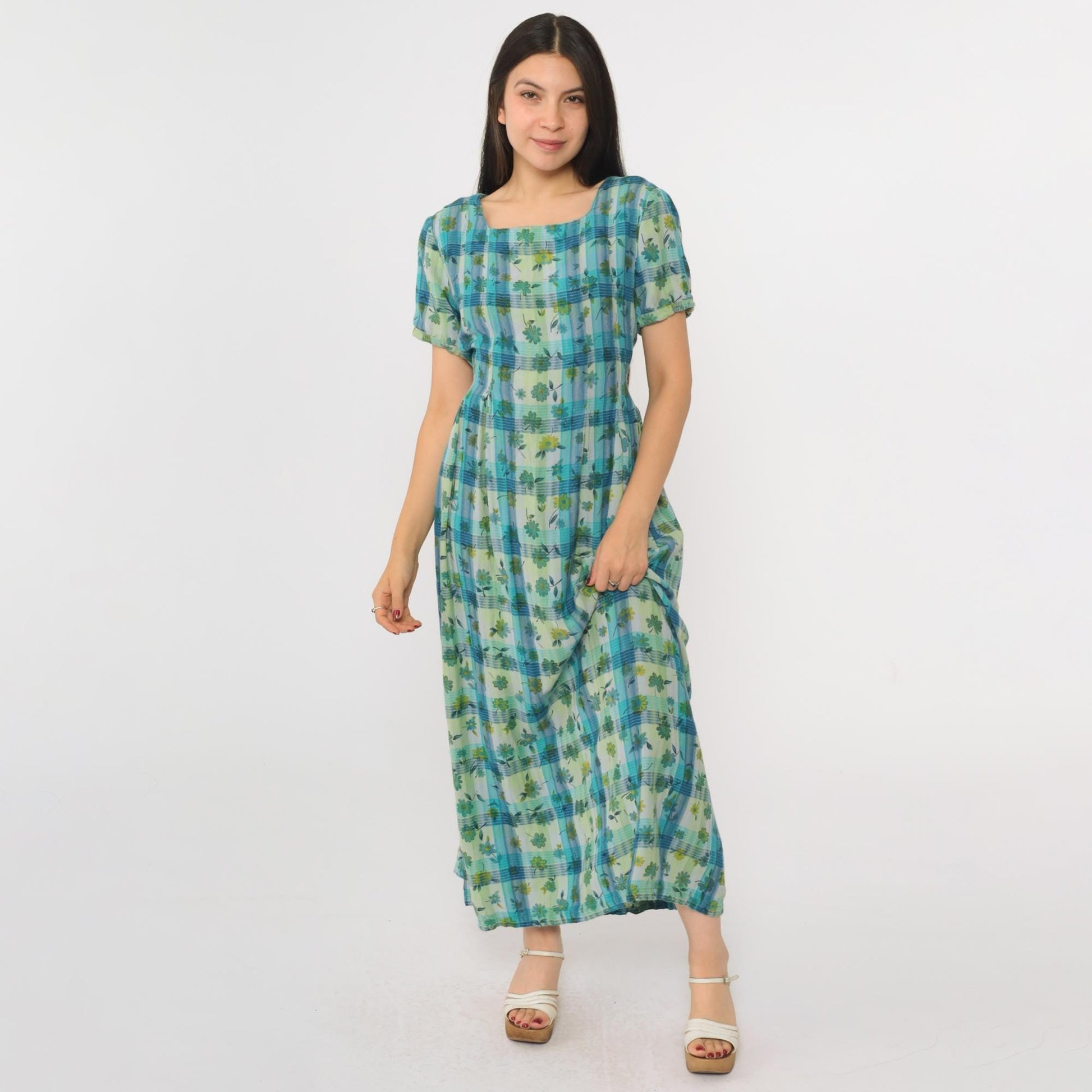 90s Sarah Elizabeth Checkered Floral Maxi Dress Blue Green Short Sleeve Medium