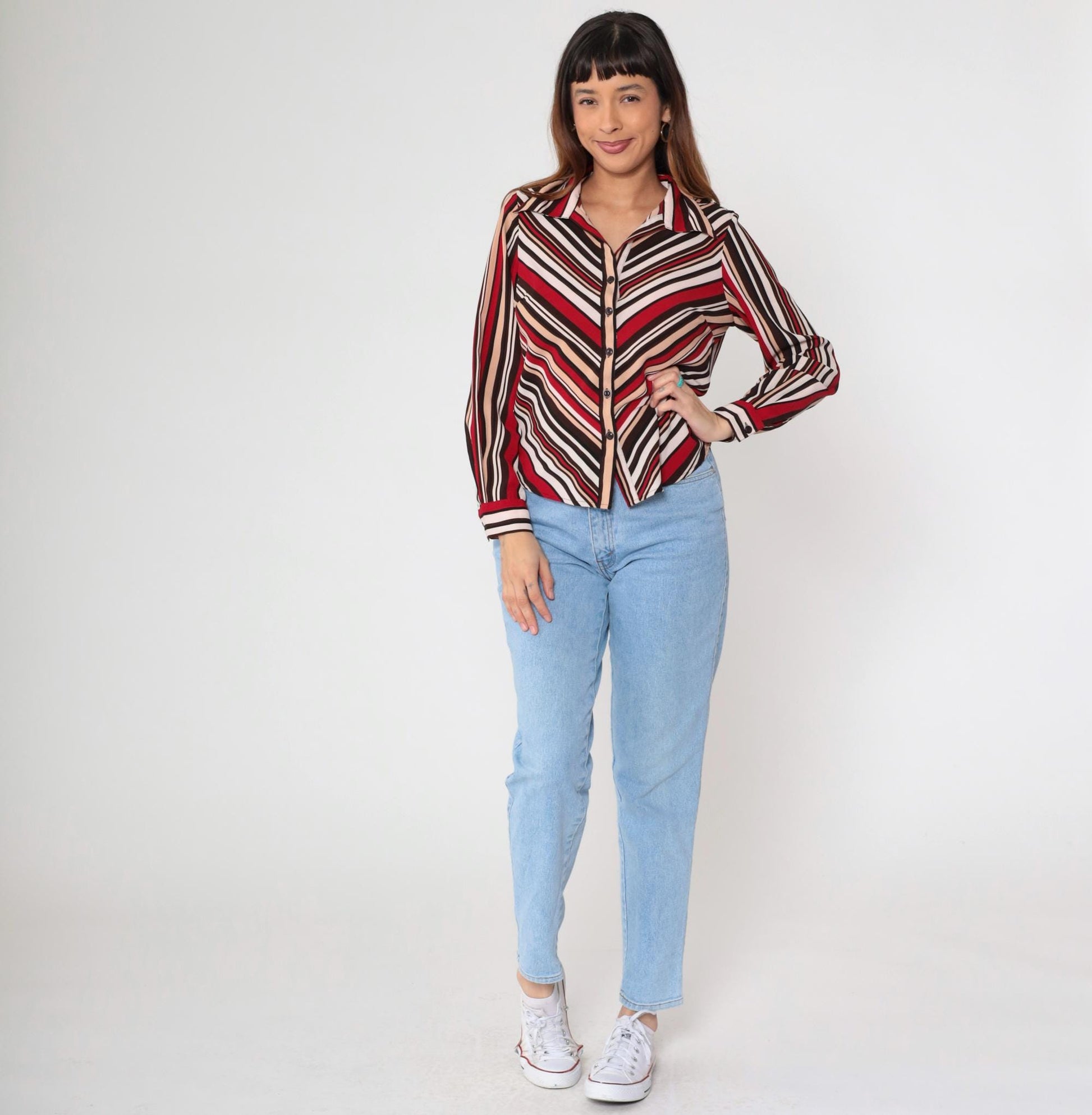 Y2K Chevron Stripe Button Up Blouse Red Brown Tan White Long Sleeve Small S