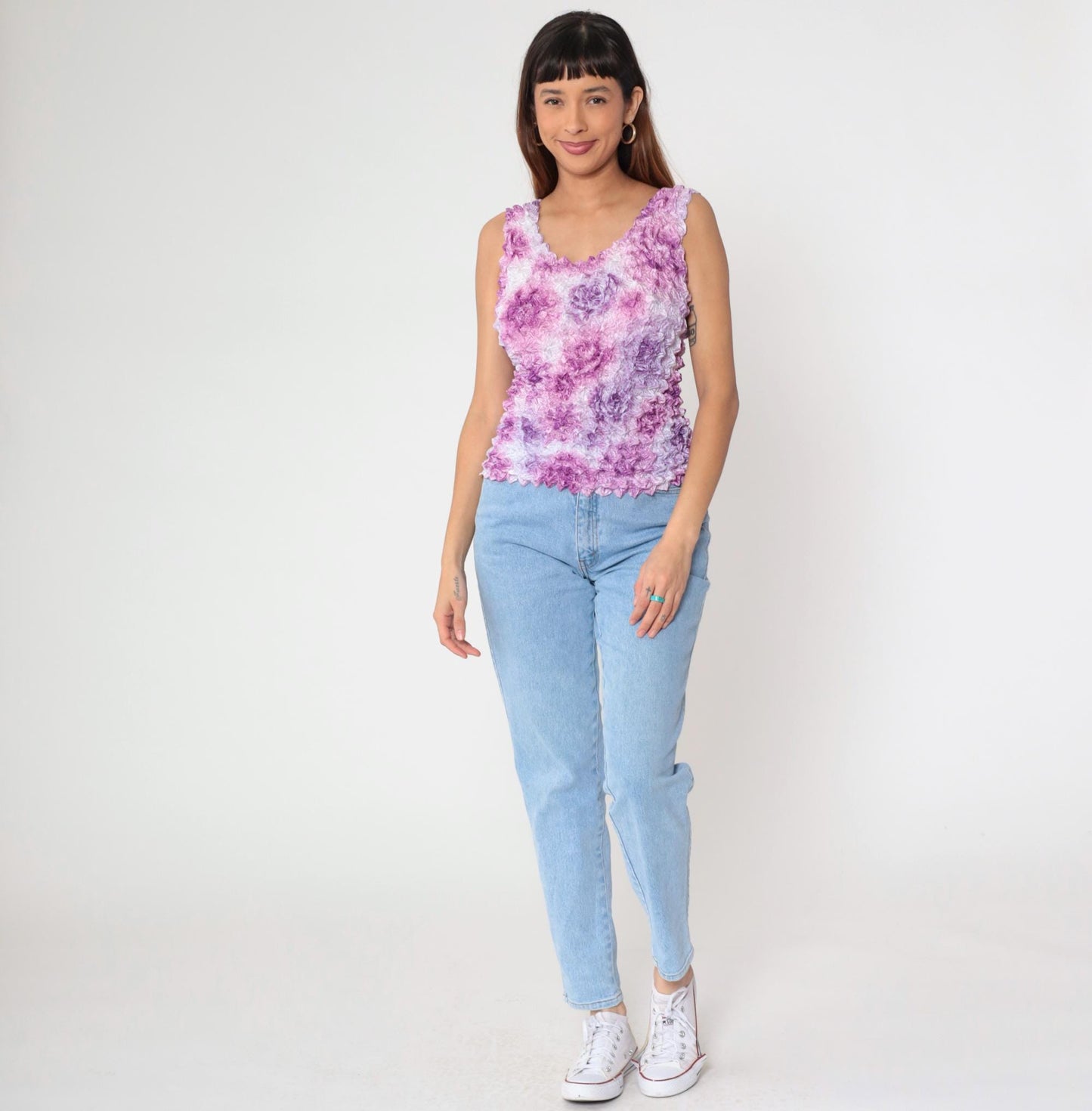 Y2K Purple Floral Popcorn Texture Tank Top Sleeveless Blouse One Size