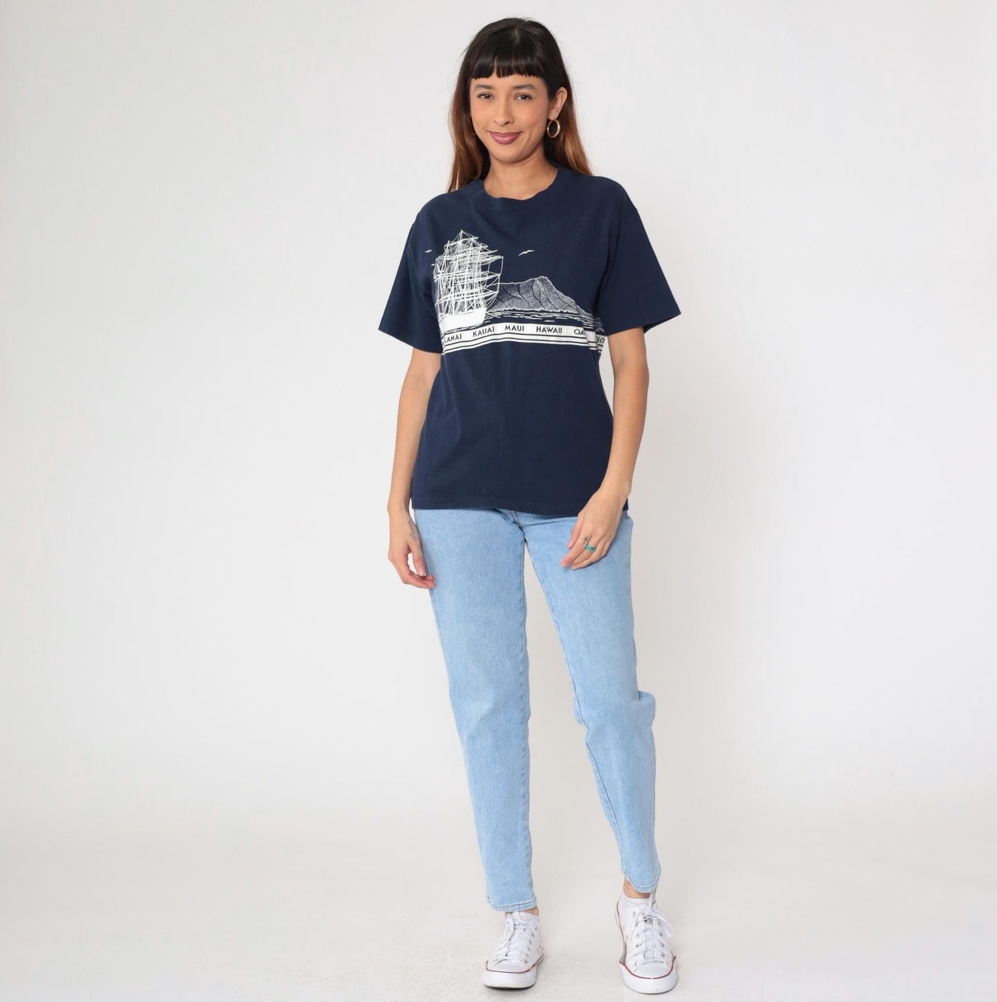 80s Hawaii Sailboat Graphic T-Shirt Navy Blue Islands Crewneck Medium