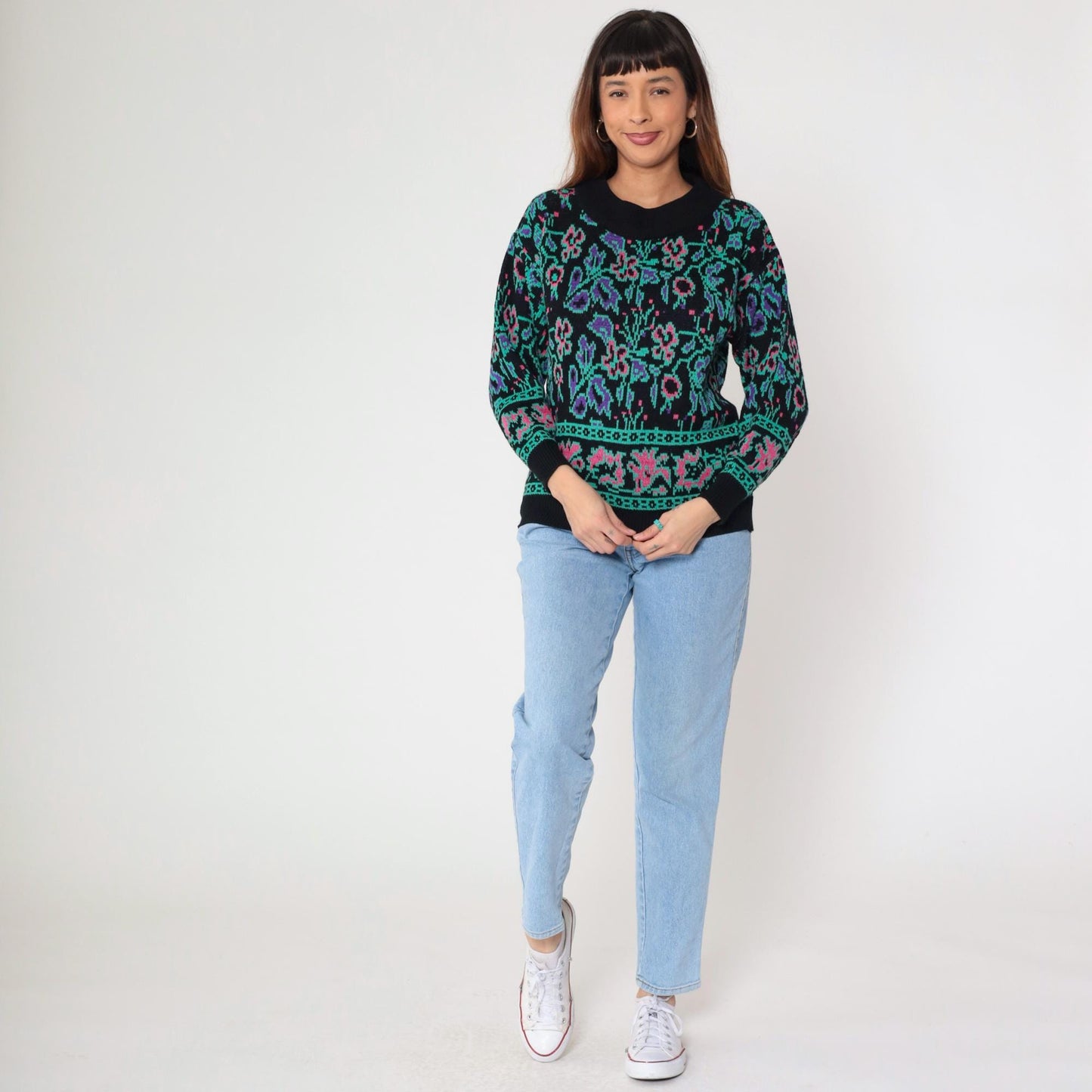 80s Abstract Floral Jacquard Sweater Black Knit Crewneck Small