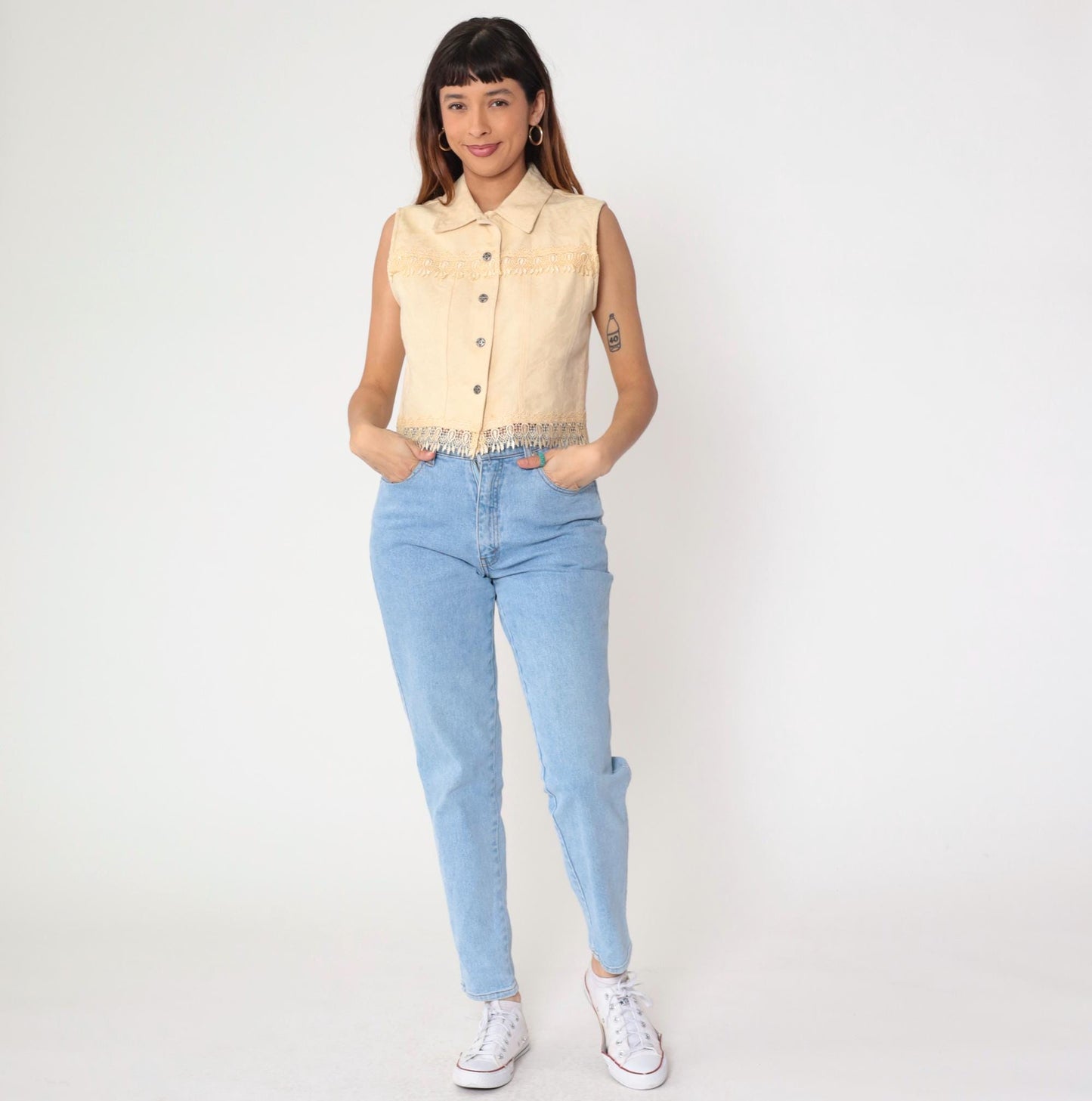90s Cream Floral Jacquard Vest Cotton Button Up Cropped Medium M