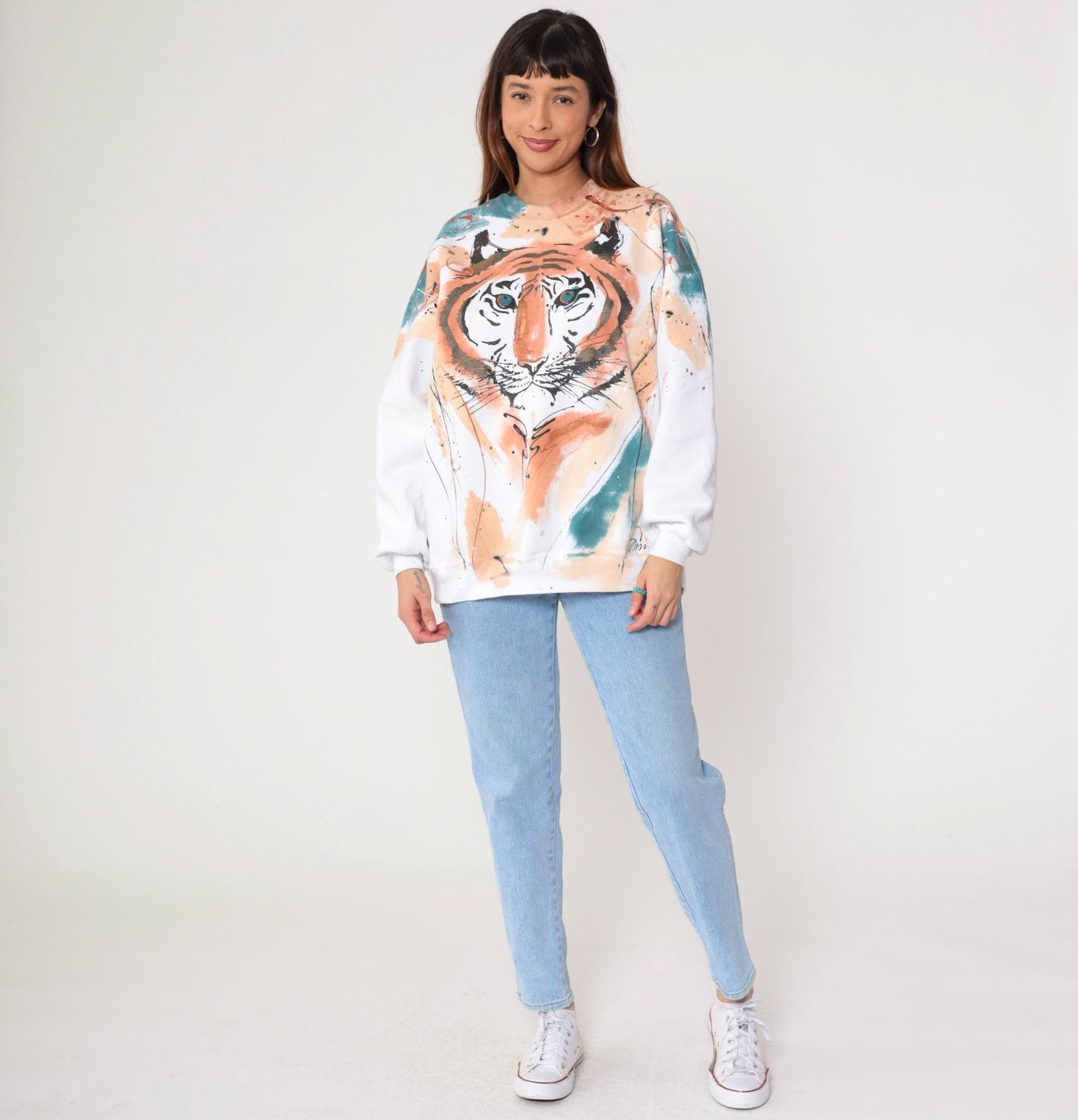 80s Hand-Painted Tiger Sweatshirt Metallic Glitter White Graphic Jumper Large L